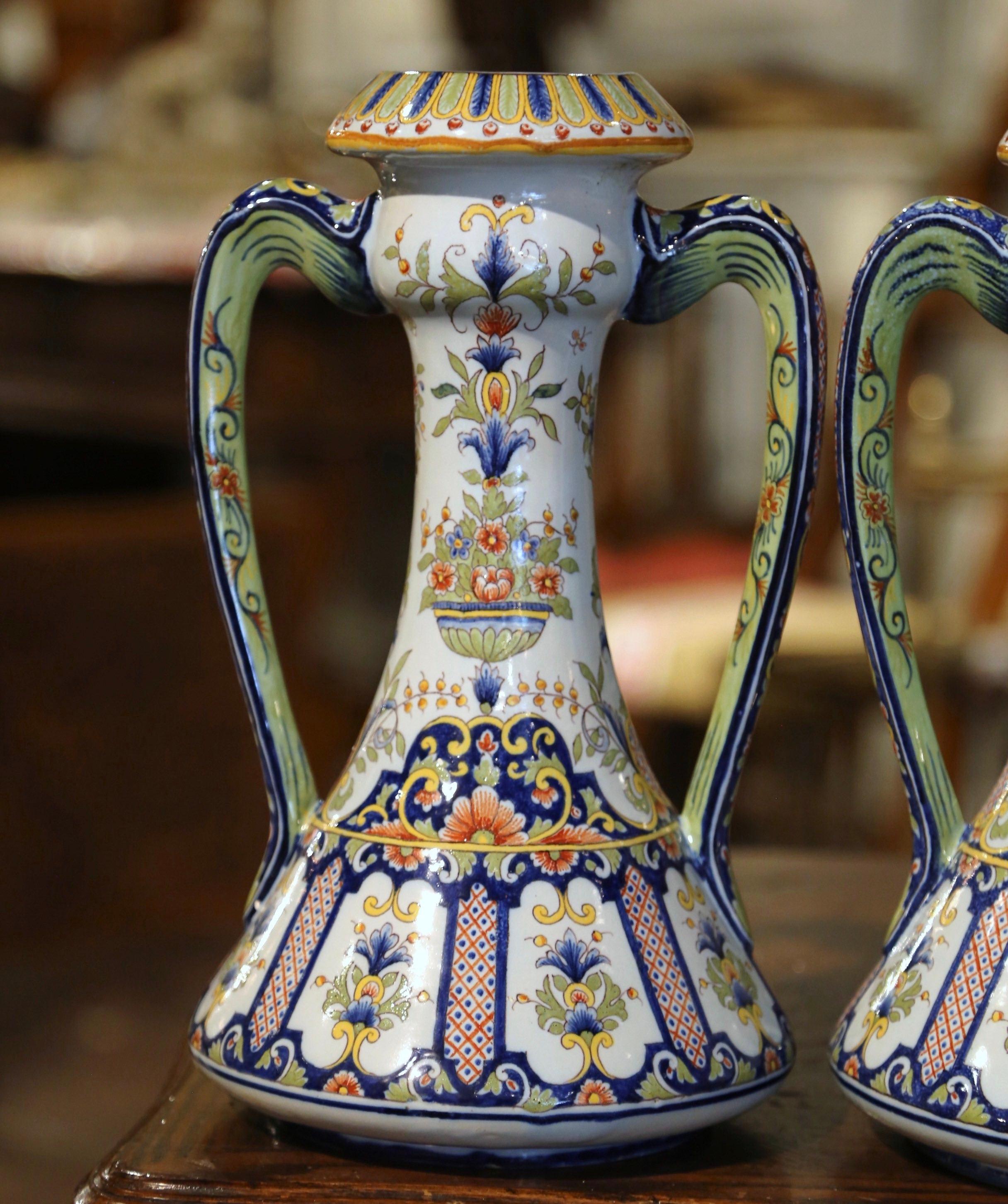 Hand-Crafted Pair of 19th Century French Hand Painted Faience Vases from Rouen