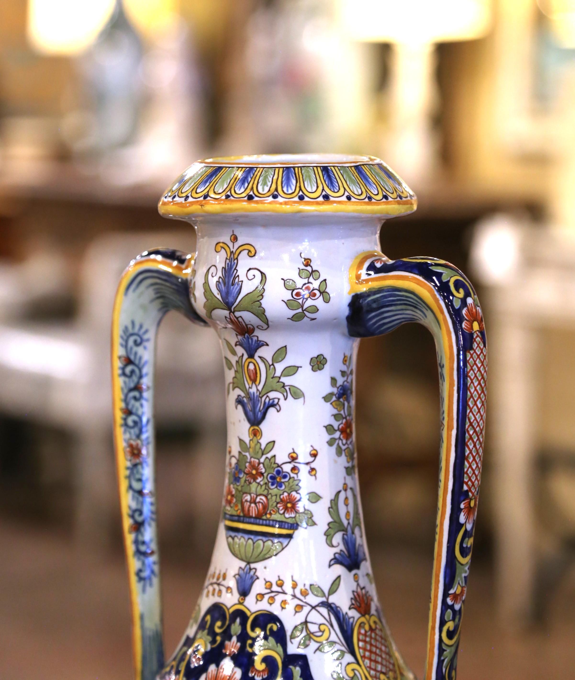 Hand-Crafted Pair of 19th Century French Hand Painted Faience Vases from Rouen For Sale