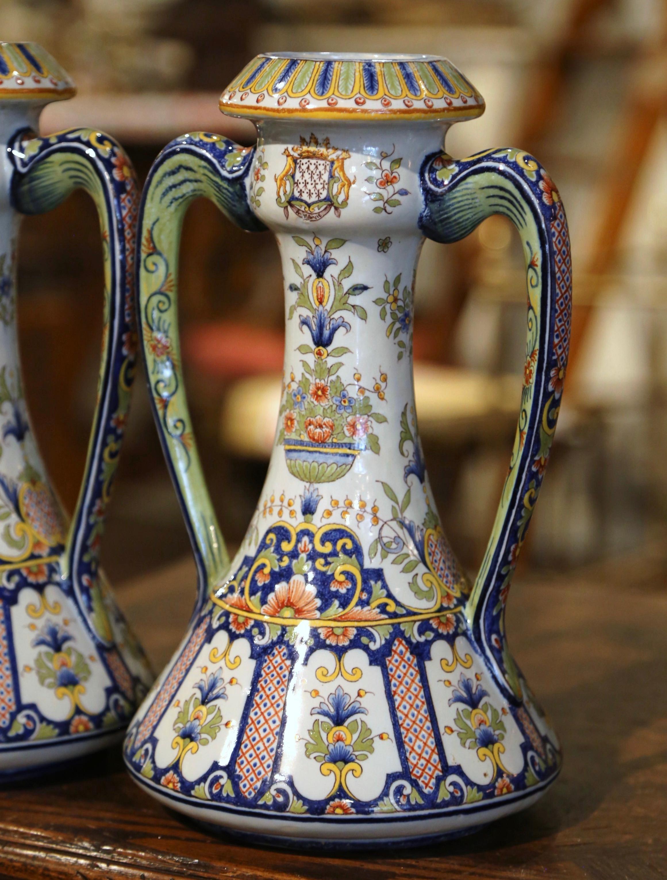 Pair of 19th Century French Hand Painted Faience Vases from Rouen In Excellent Condition In Dallas, TX