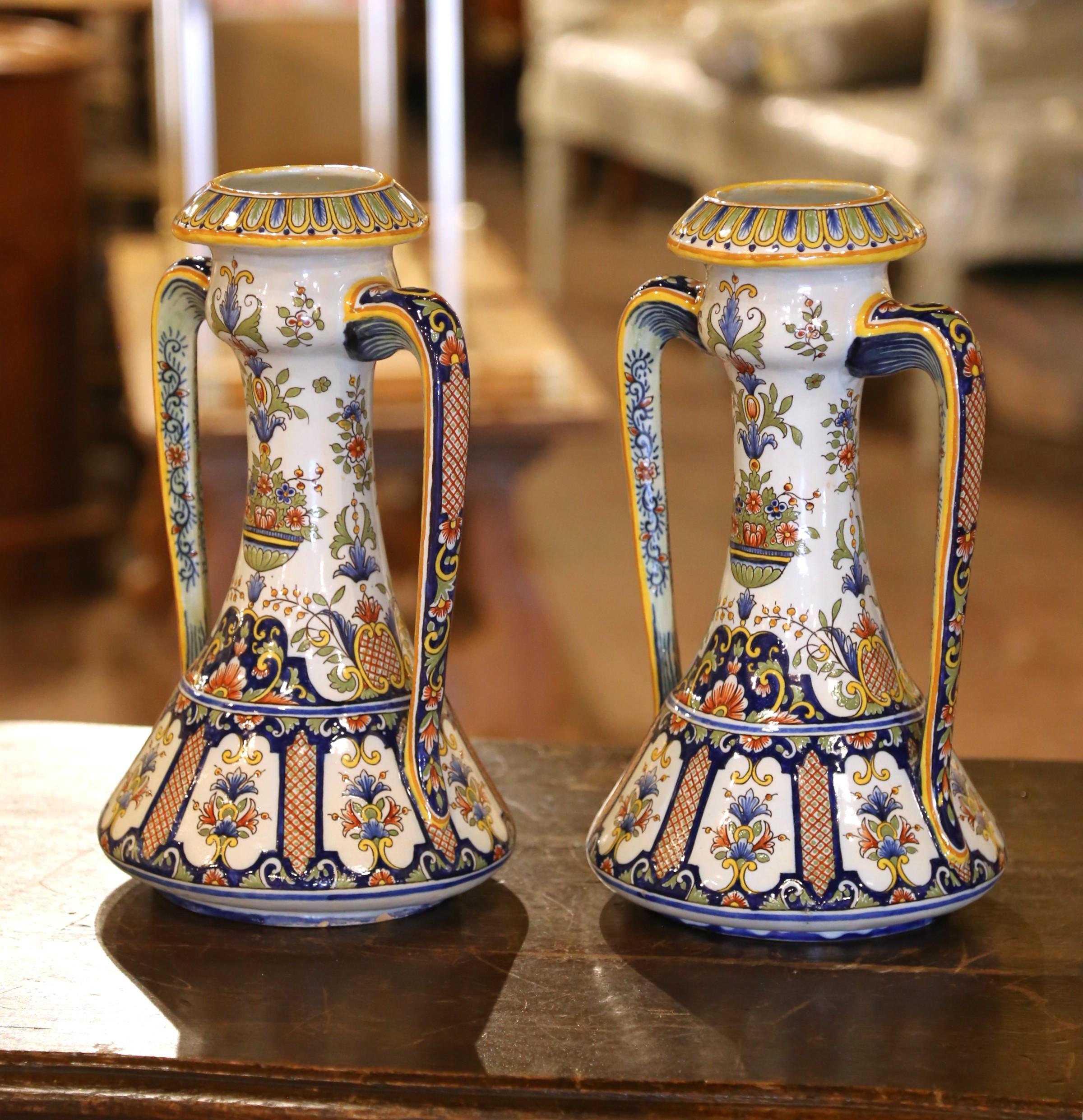 Pair of 19th Century French Hand Painted Faience Vases from Rouen In Excellent Condition For Sale In Dallas, TX