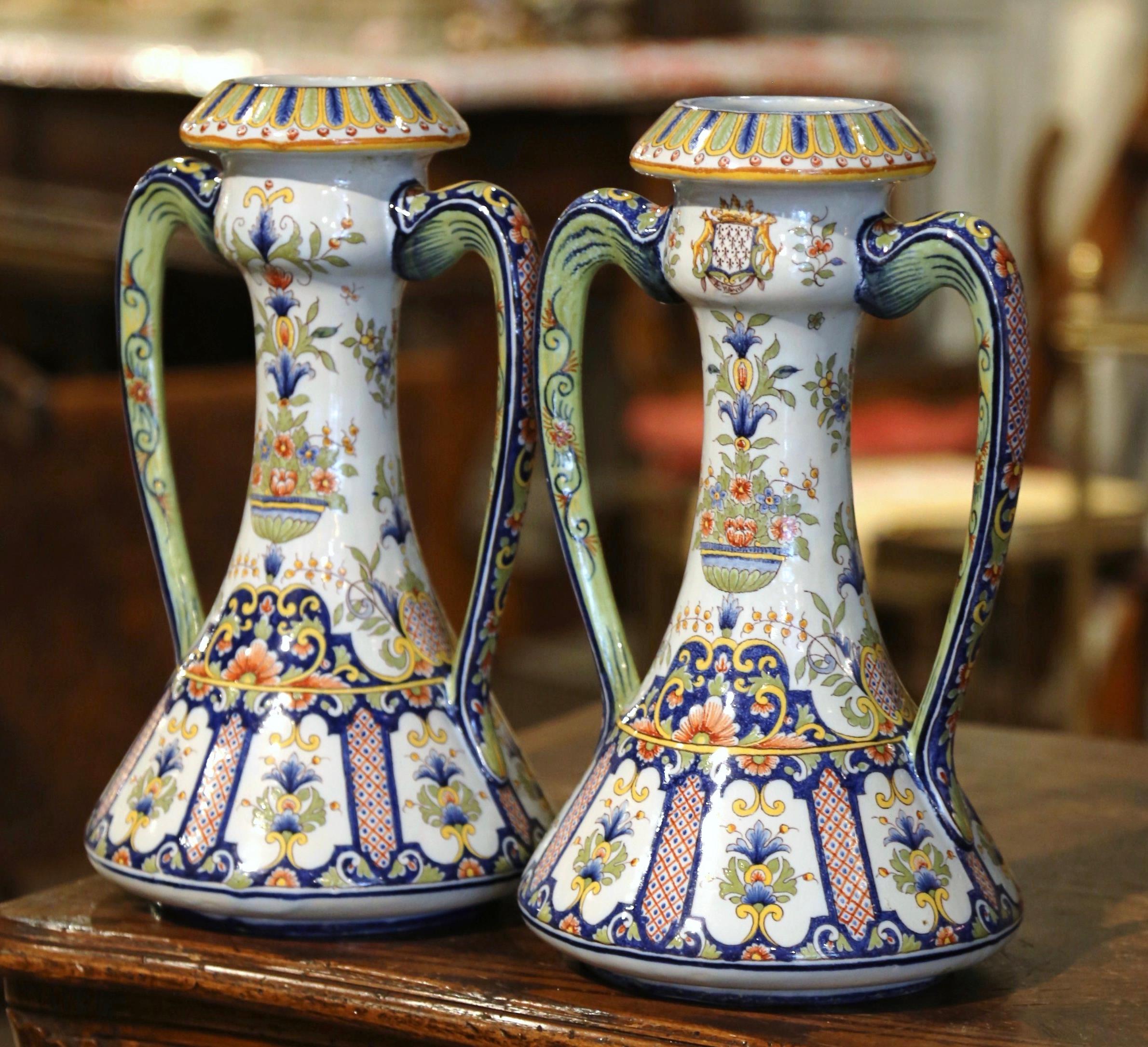 Ceramic Pair of 19th Century French Hand Painted Faience Vases from Rouen