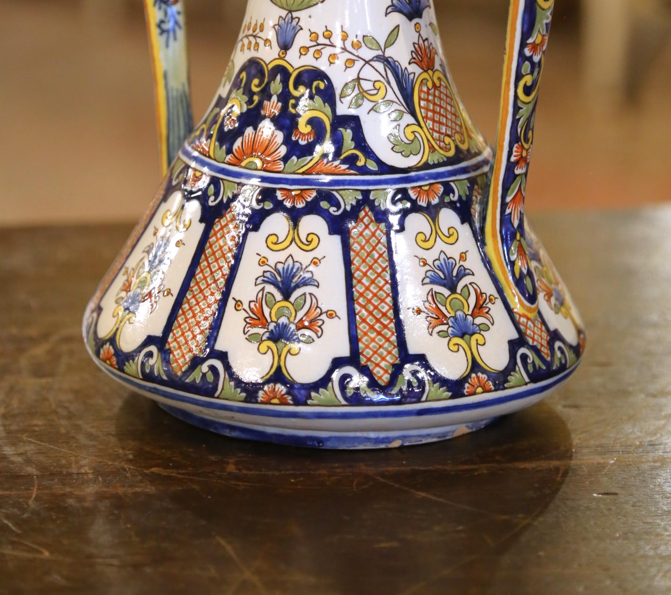 Ceramic Pair of 19th Century French Hand Painted Faience Vases from Rouen For Sale