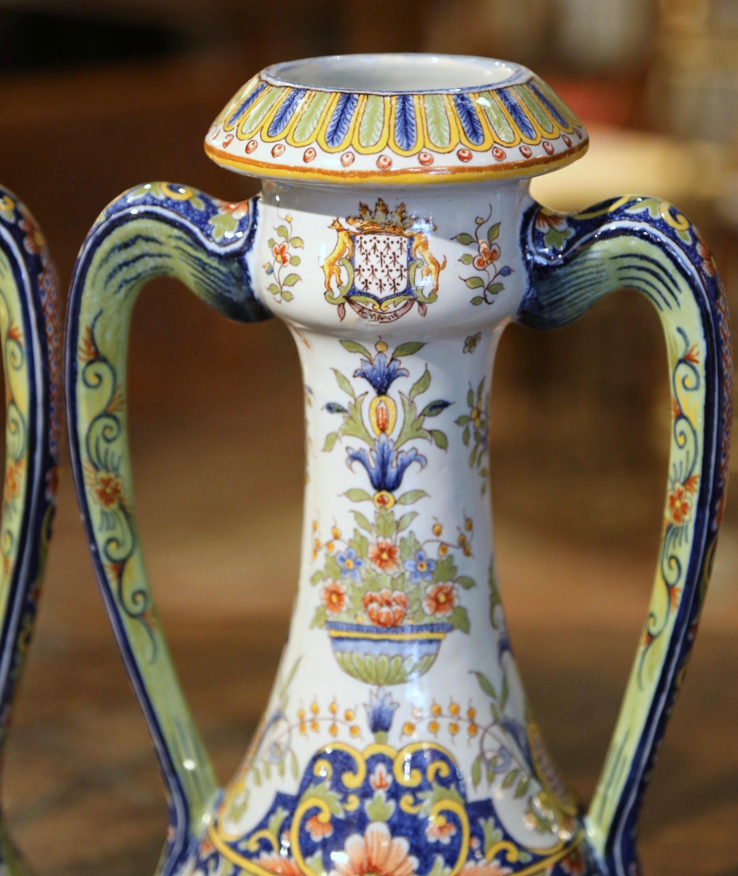 Pair of 19th Century French Hand Painted Faience Vases from Rouen 1