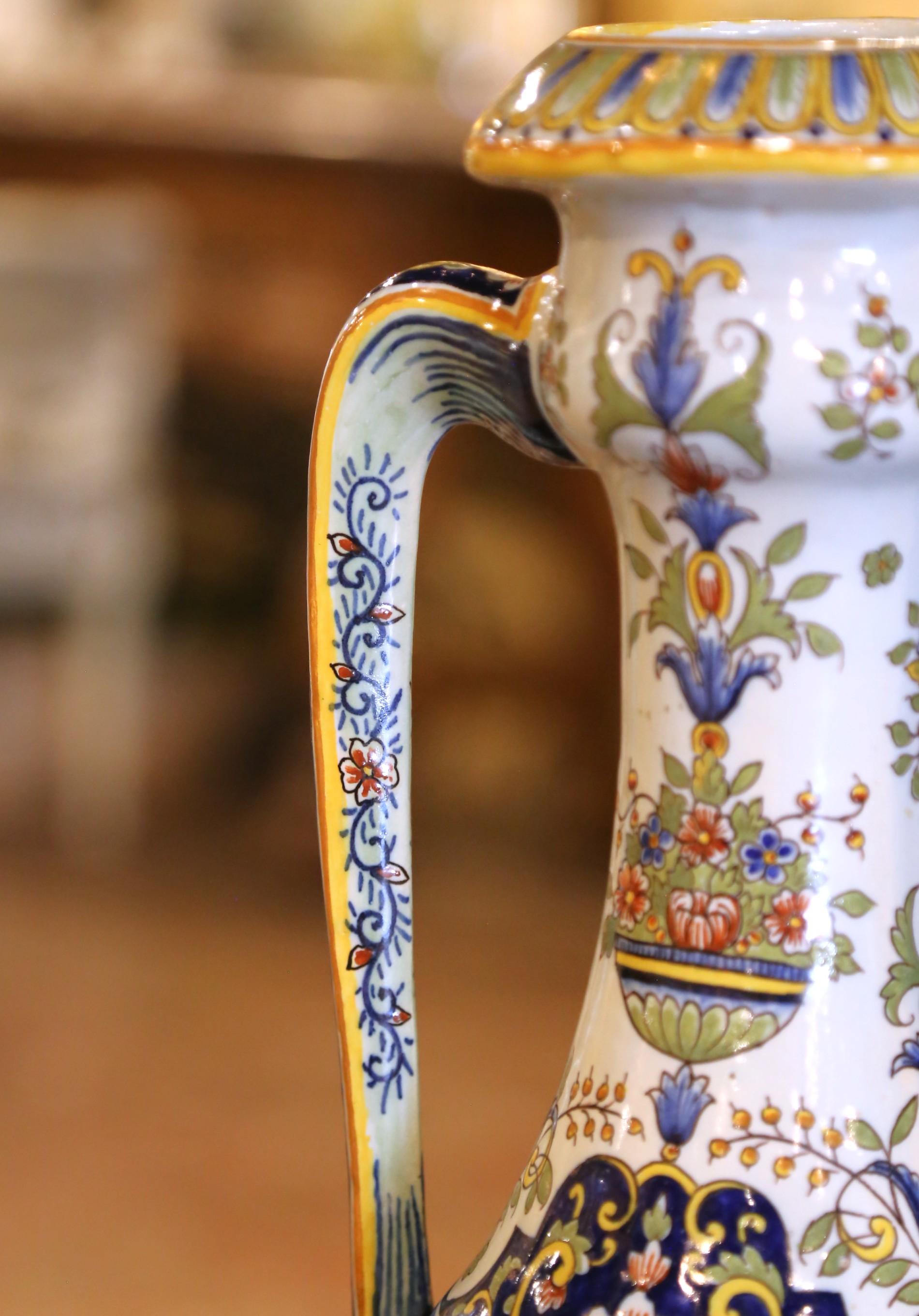 Pair of 19th Century French Hand Painted Faience Vases from Rouen For Sale 1
