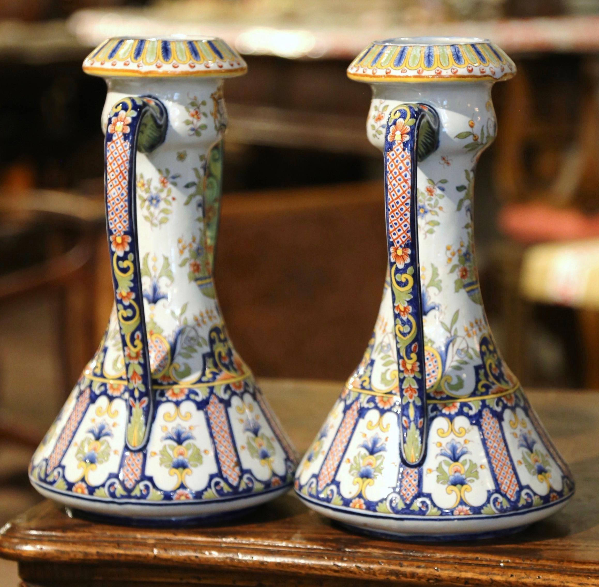 Pair of 19th Century French Hand Painted Faience Vases from Rouen 2