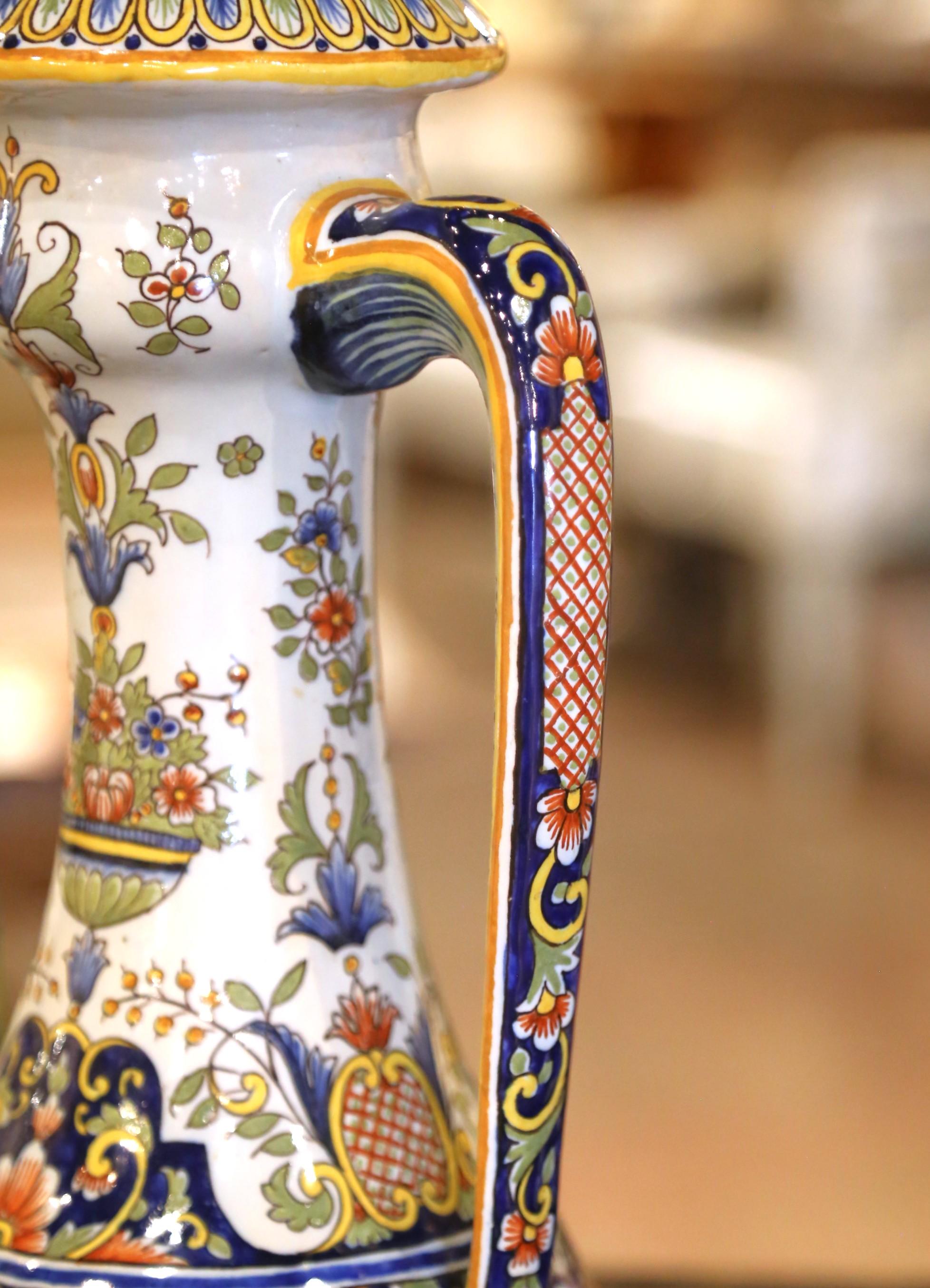 Pair of 19th Century French Hand Painted Faience Vases from Rouen For Sale 2