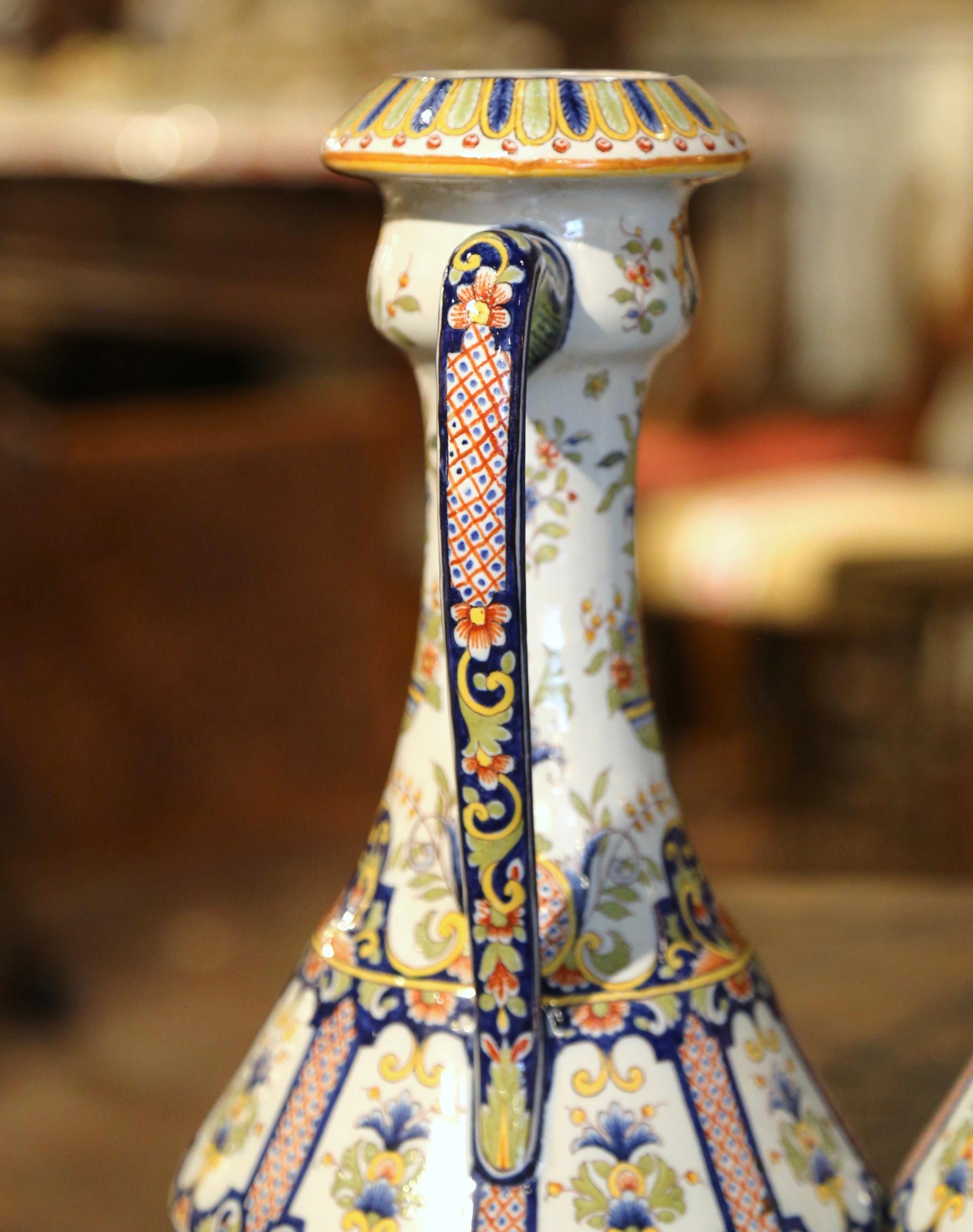 Pair of 19th Century French Hand Painted Faience Vases from Rouen 3