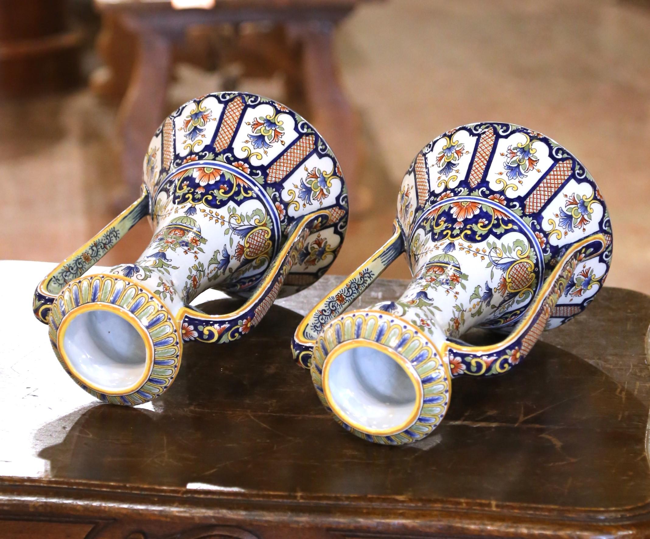Pair of 19th Century French Hand Painted Faience Vases from Rouen For Sale 4