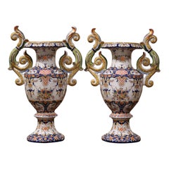 Pair of 19th Century French Hand Painted Faience Vases from Rouen