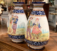 Pair of 19th Century French Hand Painted Faience Vases Signed HB Quimper