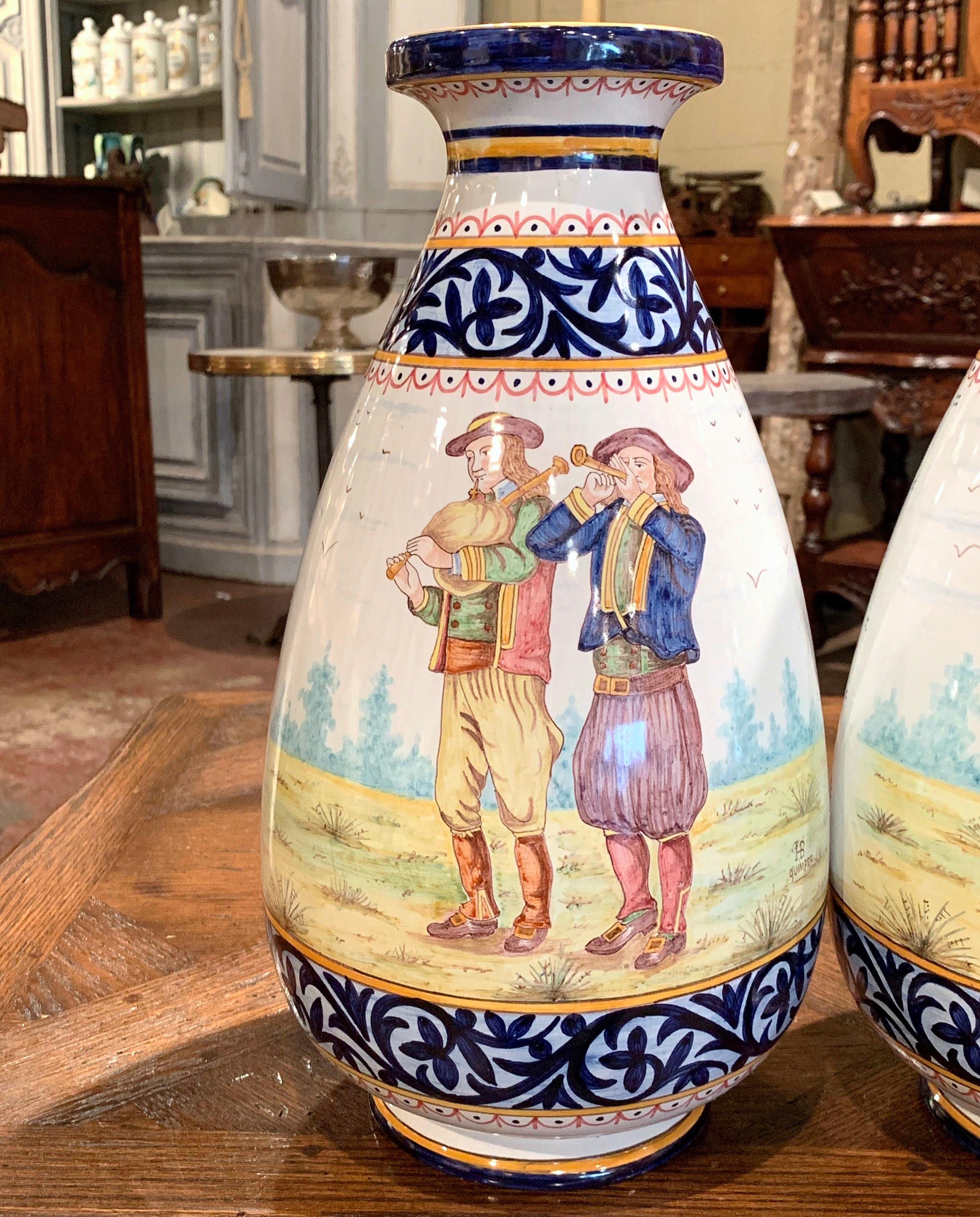 Hand-Crafted Pair of 19th Century French Hand Painted Faience Vases Signed HB Quimper