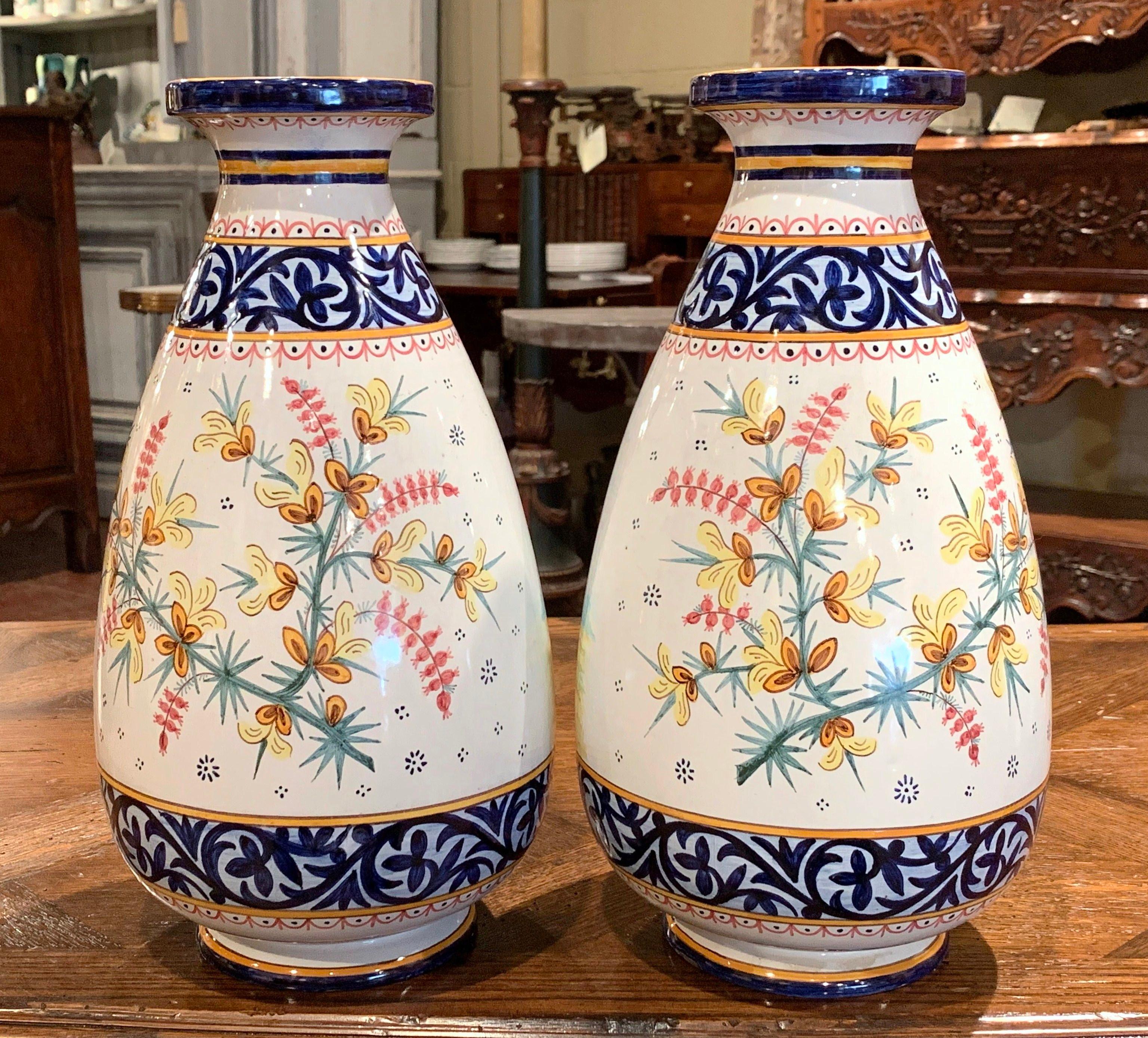 Ceramic Pair of 19th Century French Hand Painted Faience Vases Signed HB Quimper