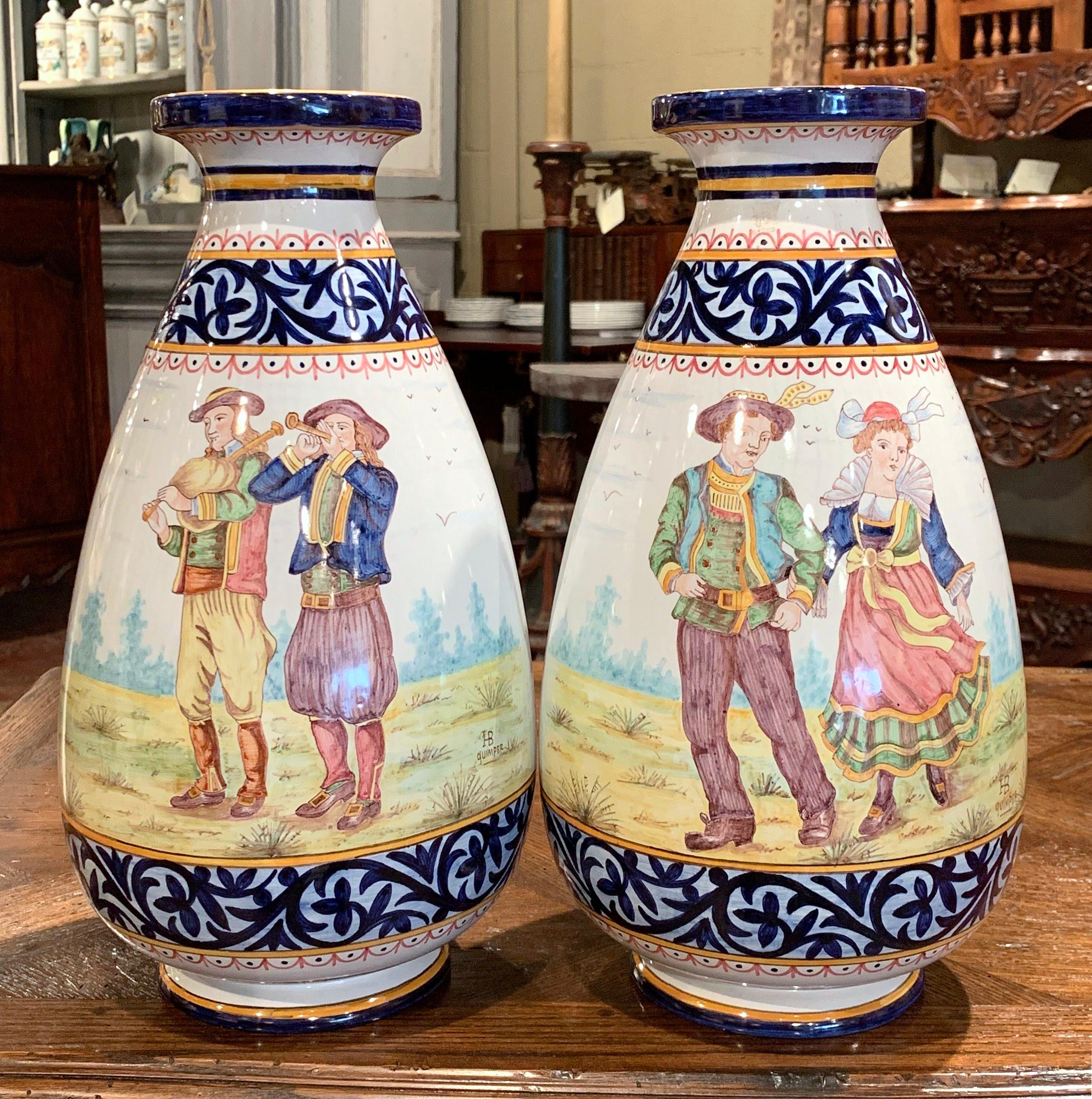 Pair of 19th Century French Hand Painted Faience Vases Signed HB Quimper 1