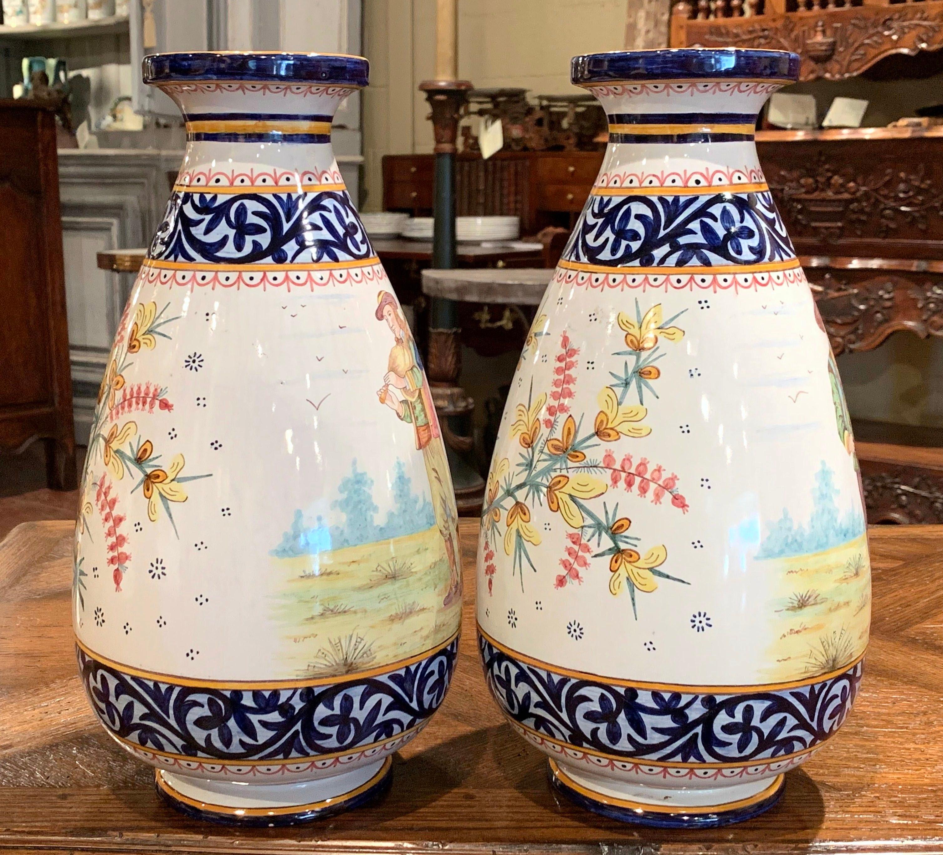 Pair of 19th Century French Hand Painted Faience Vases Signed HB Quimper 2