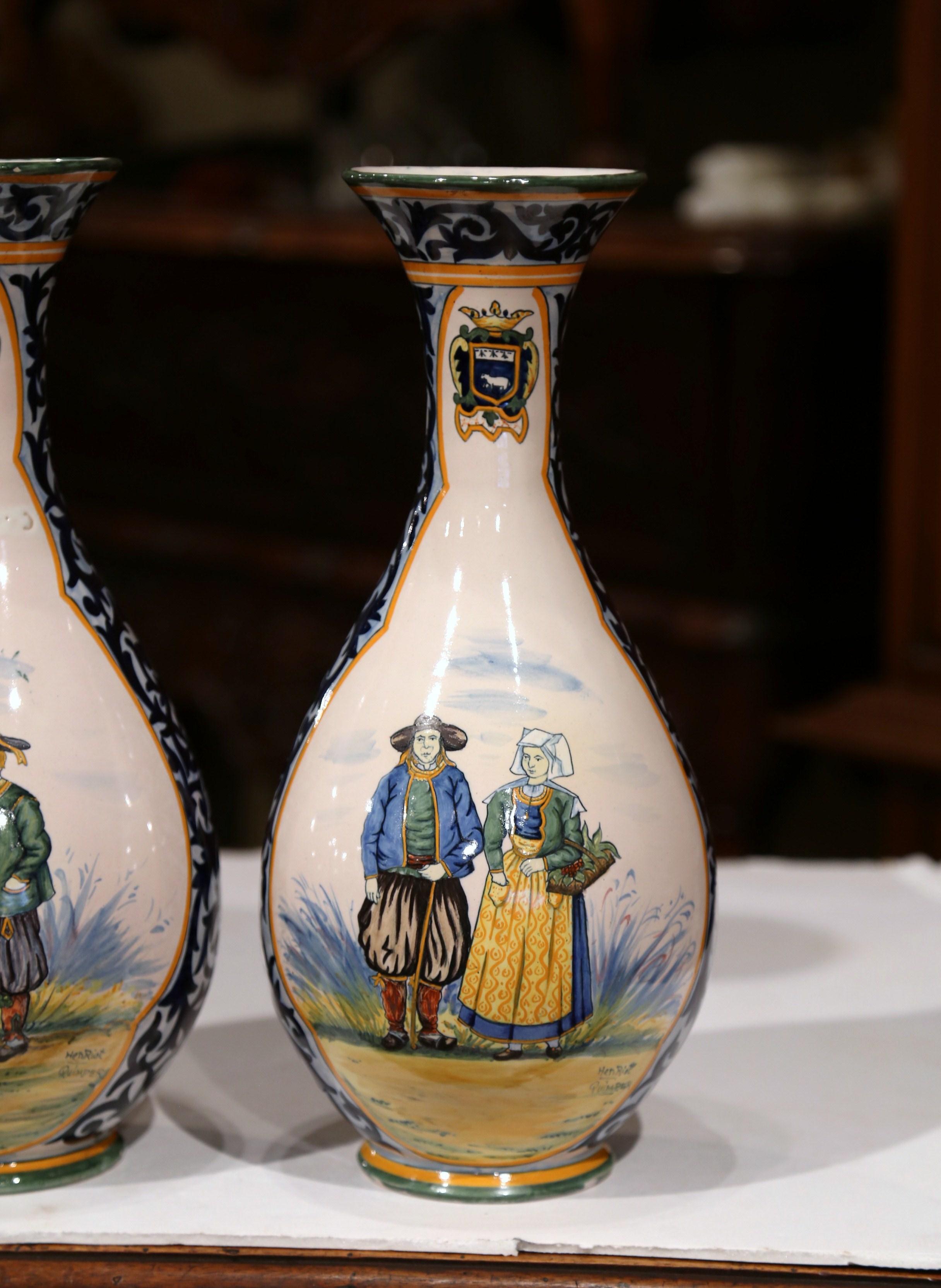 Hand-Crafted Pair of 19th Century French Hand Painted Faience Vases Signed Henriot Quimper