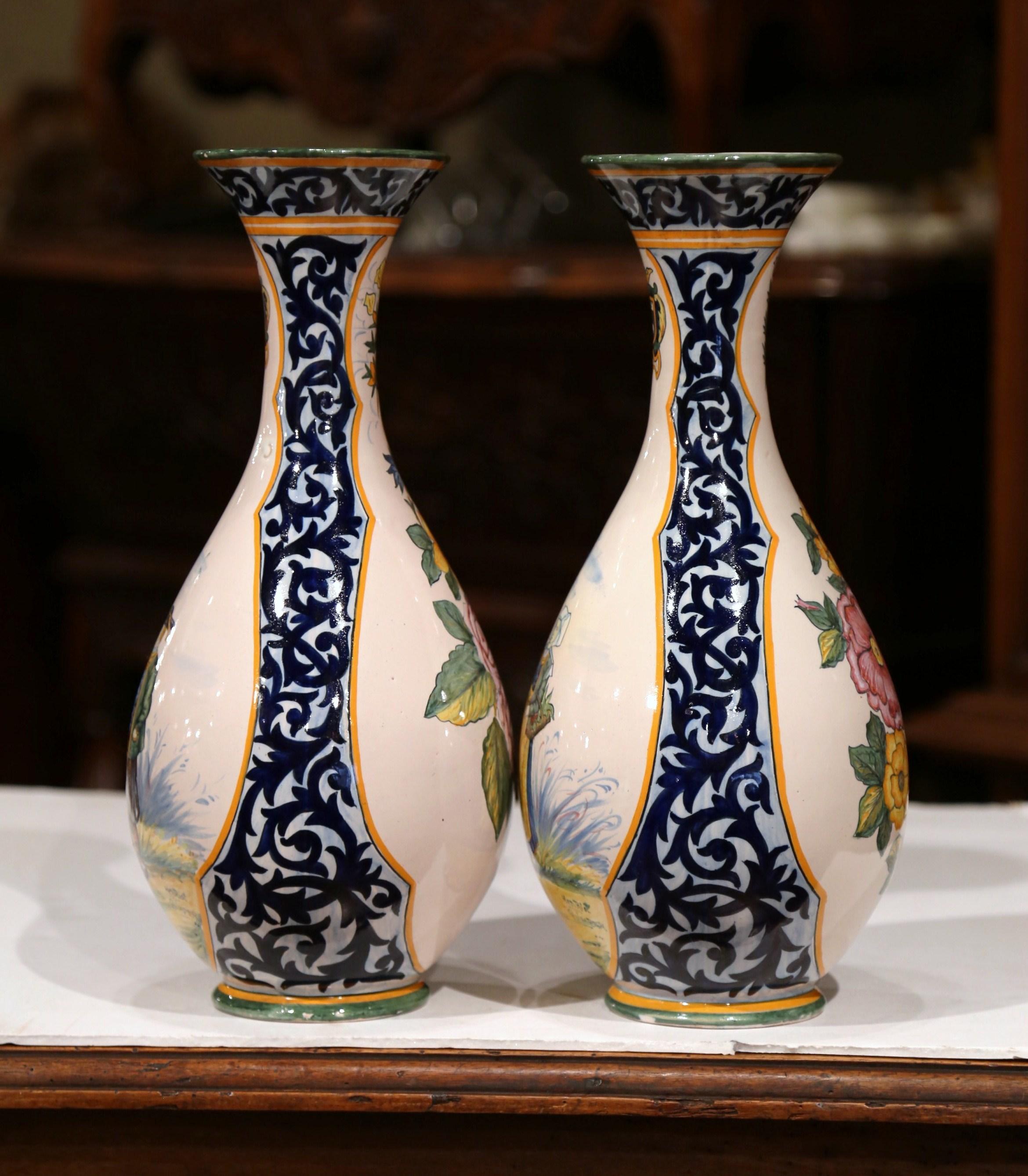 Pair of 19th Century French Hand Painted Faience Vases Signed Henriot Quimper In Excellent Condition In Dallas, TX