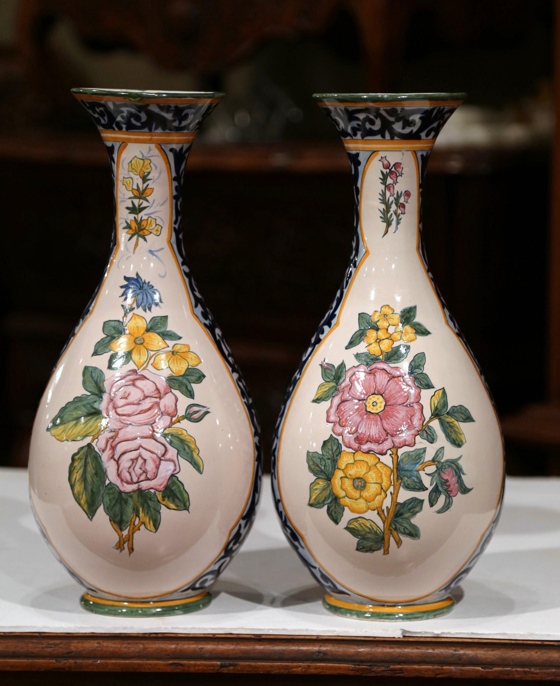 Ceramic Pair of 19th Century French Hand Painted Faience Vases Signed Henriot Quimper