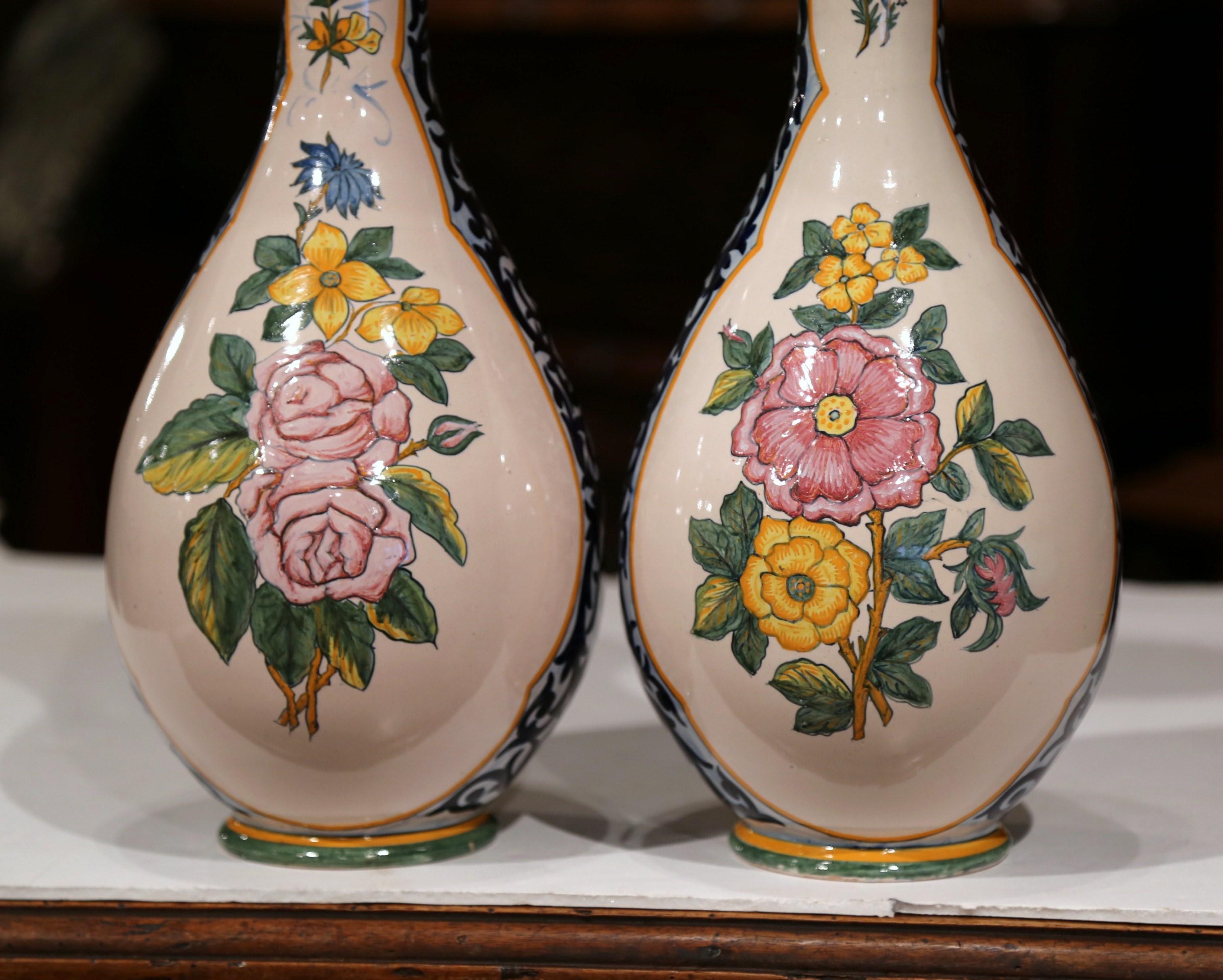 Pair of 19th Century French Hand Painted Faience Vases Signed Henriot Quimper 1