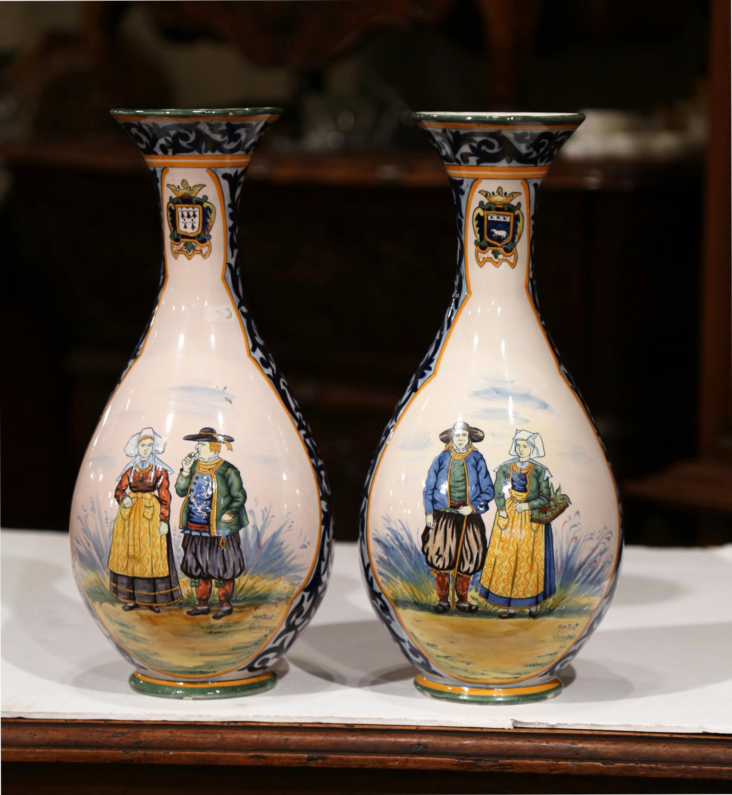 Pair of 19th Century French Hand Painted Faience Vases Signed Henriot Quimper 2