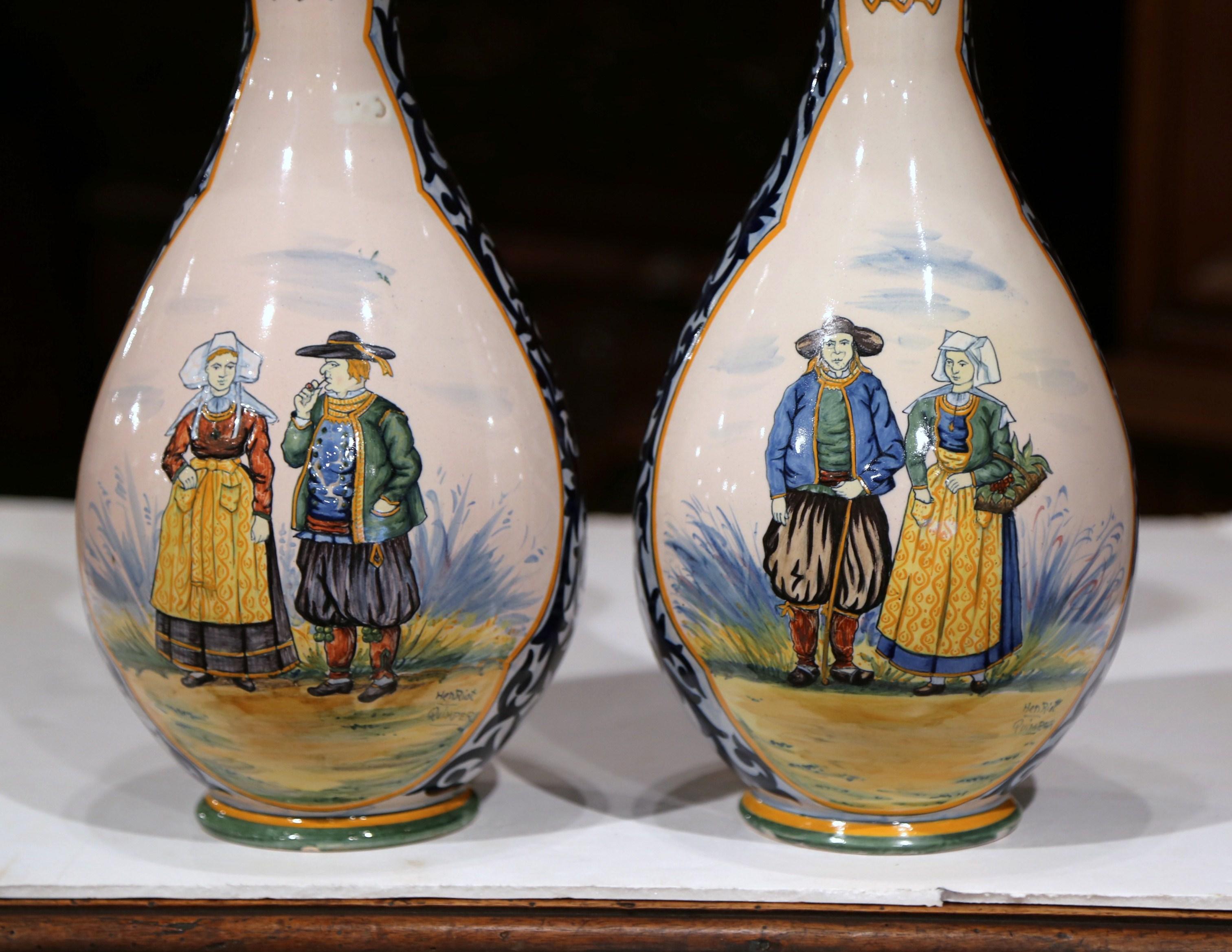 Pair of 19th Century French Hand Painted Faience Vases Signed Henriot Quimper 3