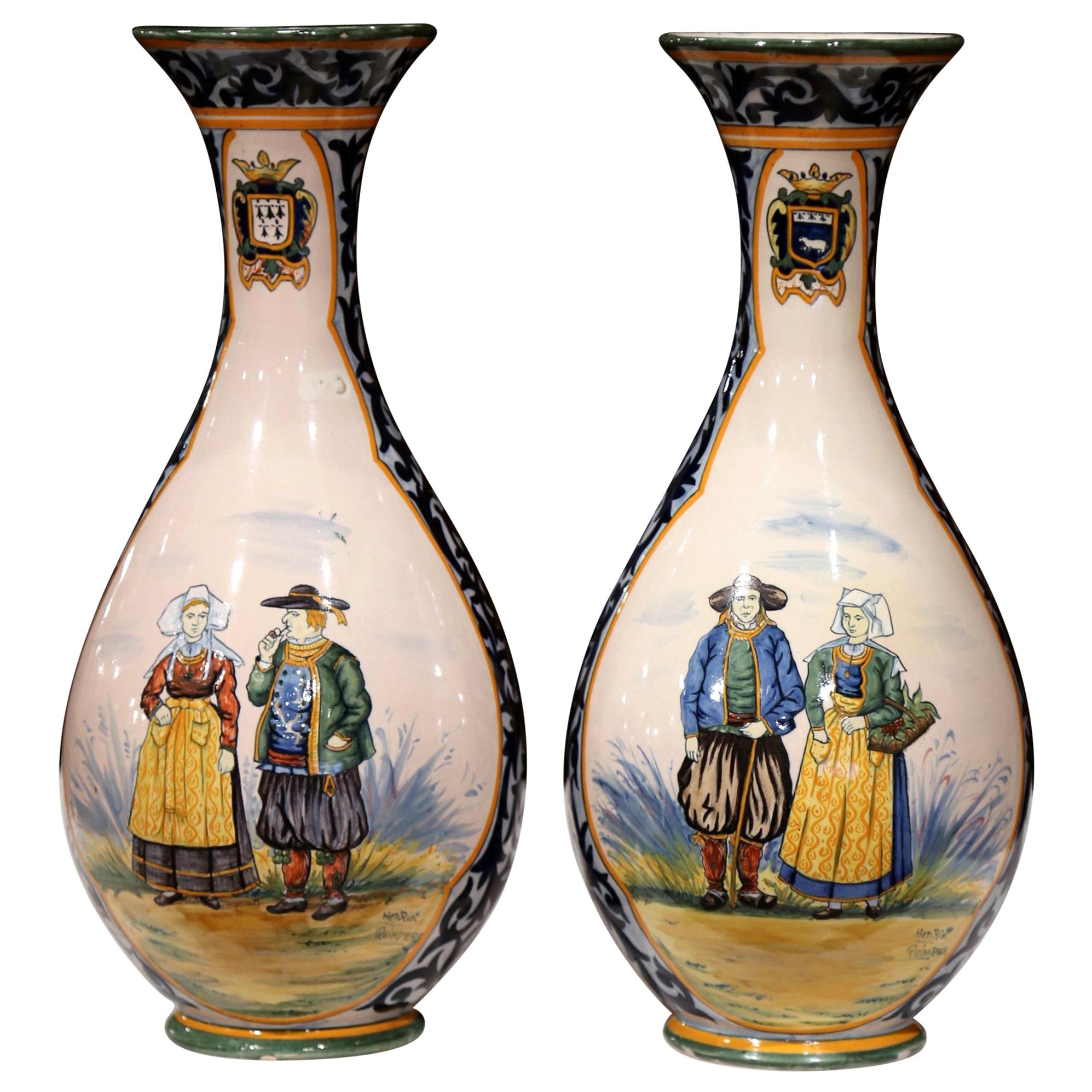 Pair of 19th Century French Hand Painted Faience Vases Signed Henriot Quimper
