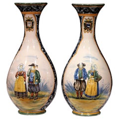 Antique Pair of 19th Century French Hand Painted Faience Vases Signed Henriot Quimper