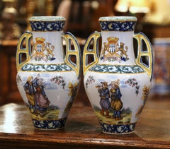 Pair of 19th Century French Hand Painted Faience Vases Signed HR Quimper
