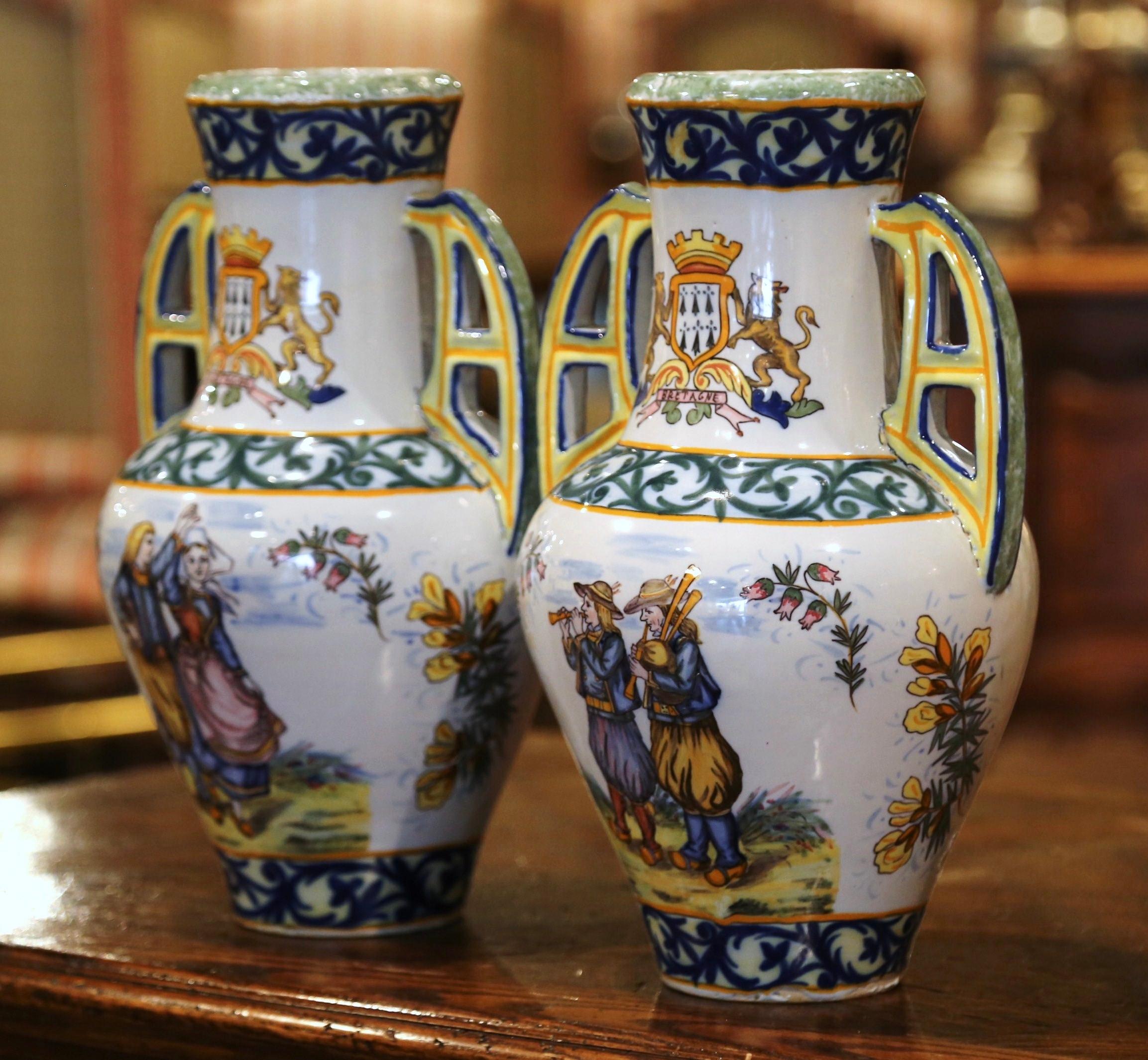 Hand-Crafted Pair of 19th Century French Hand Painted Faience Vases Signed HR Quimper