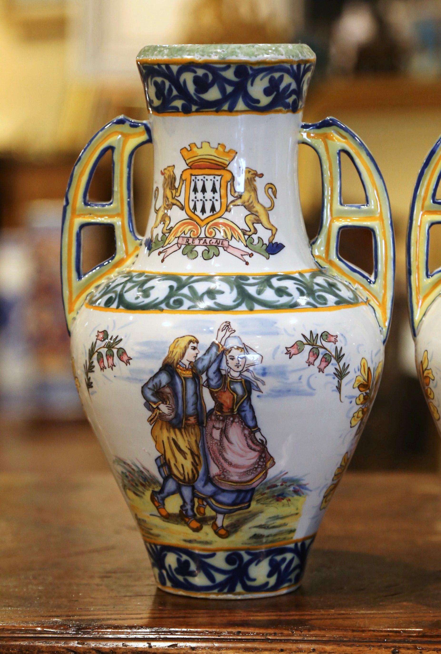 Ceramic Pair of 19th Century French Hand Painted Faience Vases Signed HR Quimper