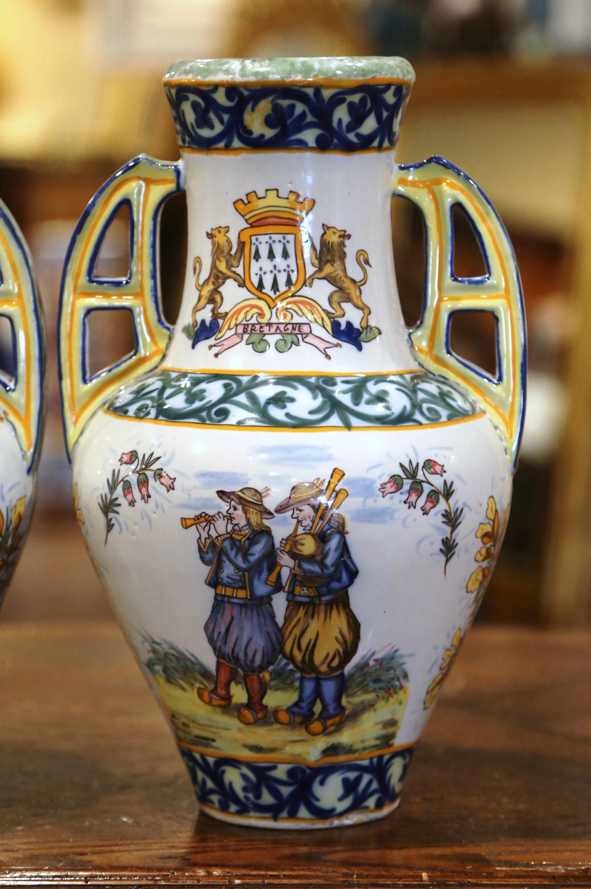 Pair of 19th Century French Hand Painted Faience Vases Signed HR Quimper 1