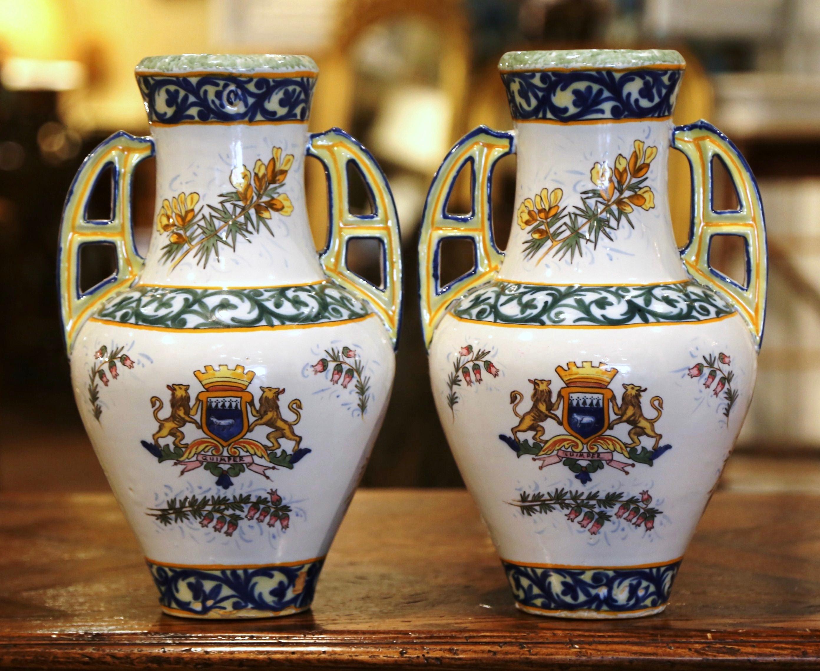 Pair of 19th Century French Hand Painted Faience Vases Signed HR Quimper 2
