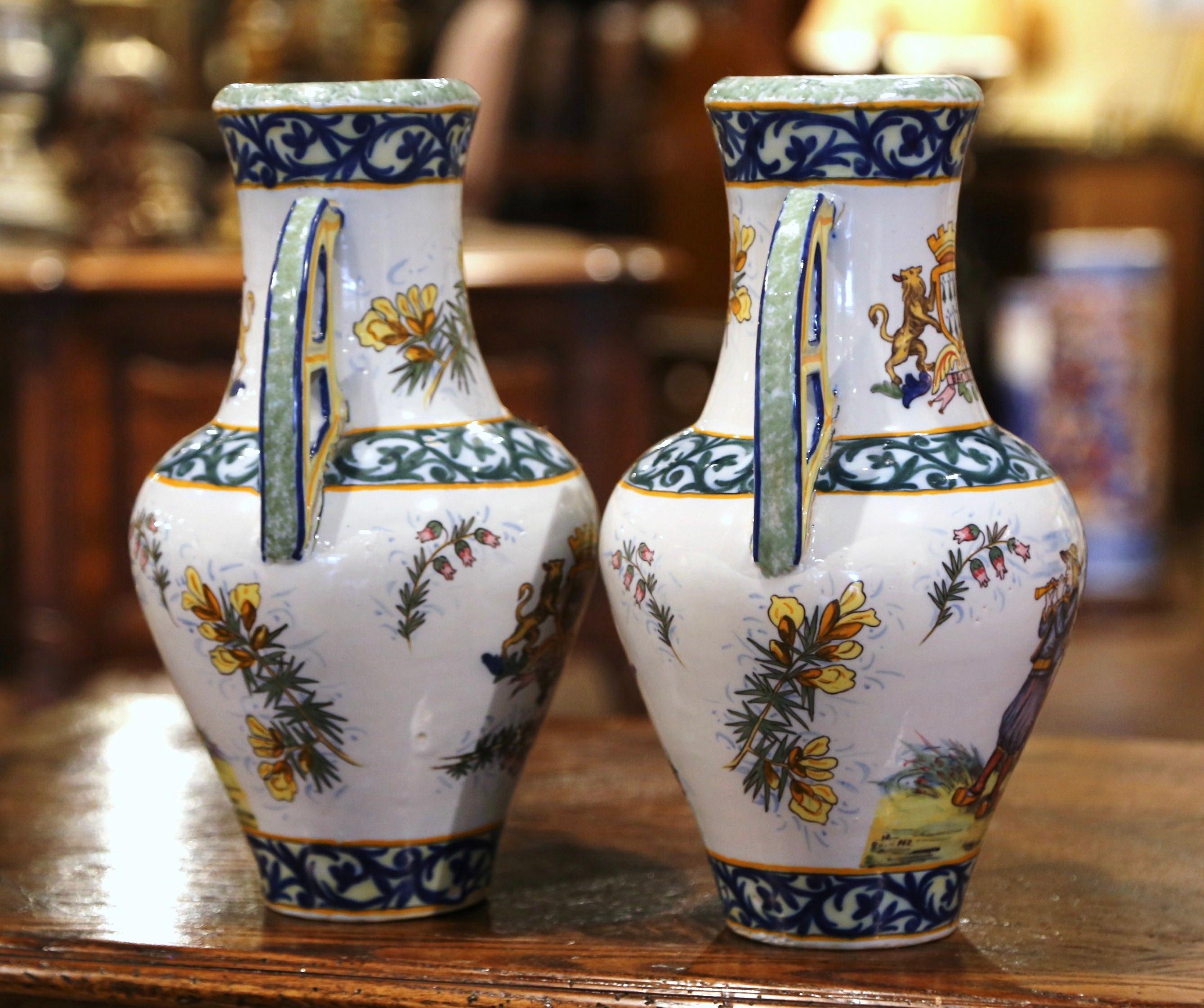 Pair of 19th Century French Hand Painted Faience Vases Signed HR Quimper 3