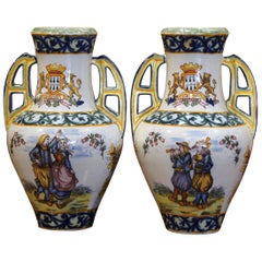 Pair of 19th Century French Hand Painted Faience Vases Signed HR Quimper