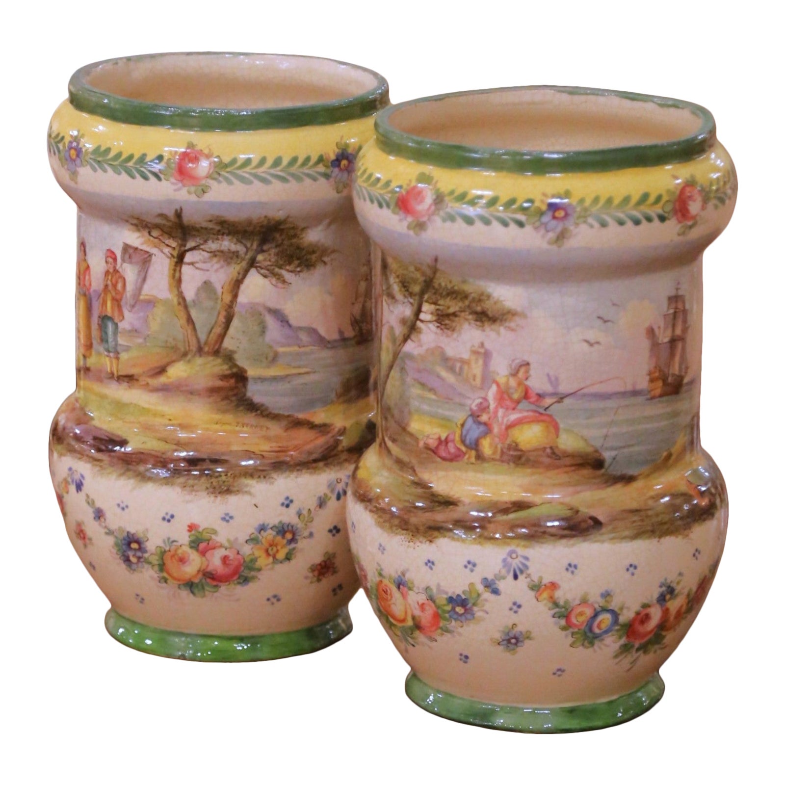 Pair of 19th Century French Hand Painted Faience Vases Stamped Lille 1767