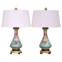 Pair of 19th Century French Hand-Painted Opaline Glass Lamps on Bronze Bases