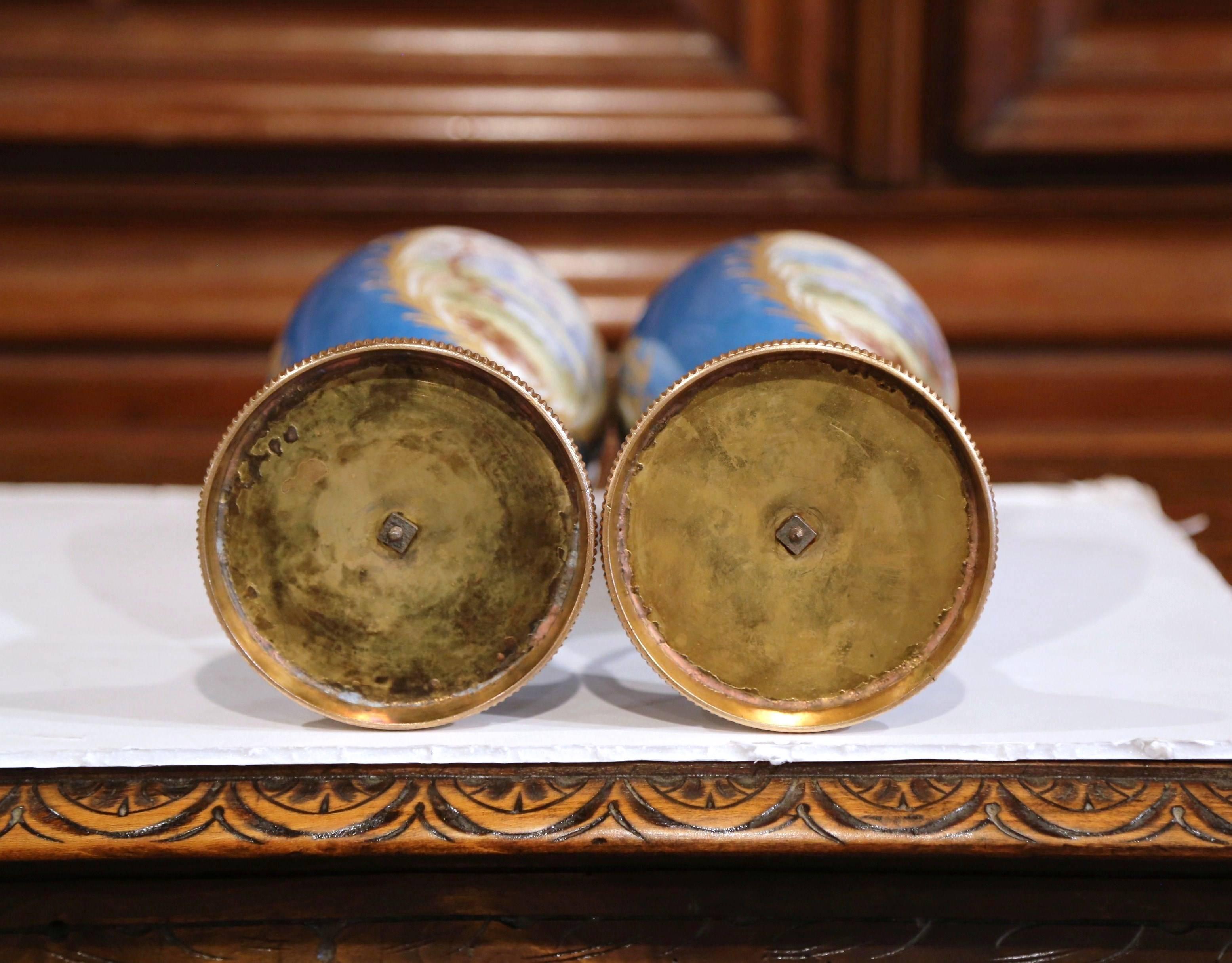 Pair of 19th Century French Hand Painted Porcelain and Bronze Blue Sevres Urns 5