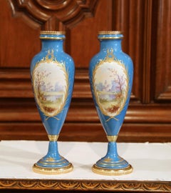 Pair of 19th Century French Hand Painted Porcelain and Bronze Blue Sevres Urns