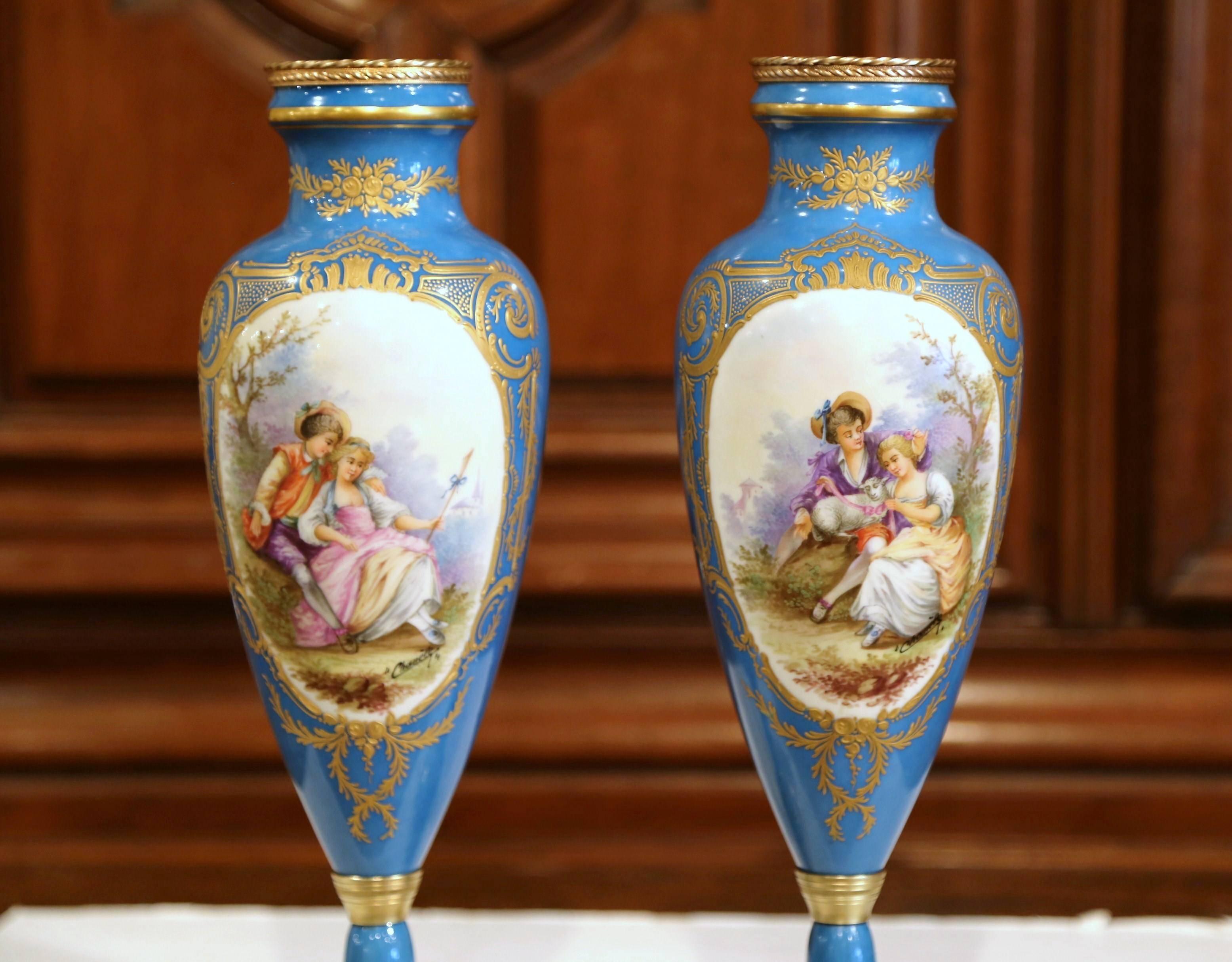 Pair of 19th Century French Hand Painted Porcelain and Bronze Blue Sevres Urns In Excellent Condition In Dallas, TX
