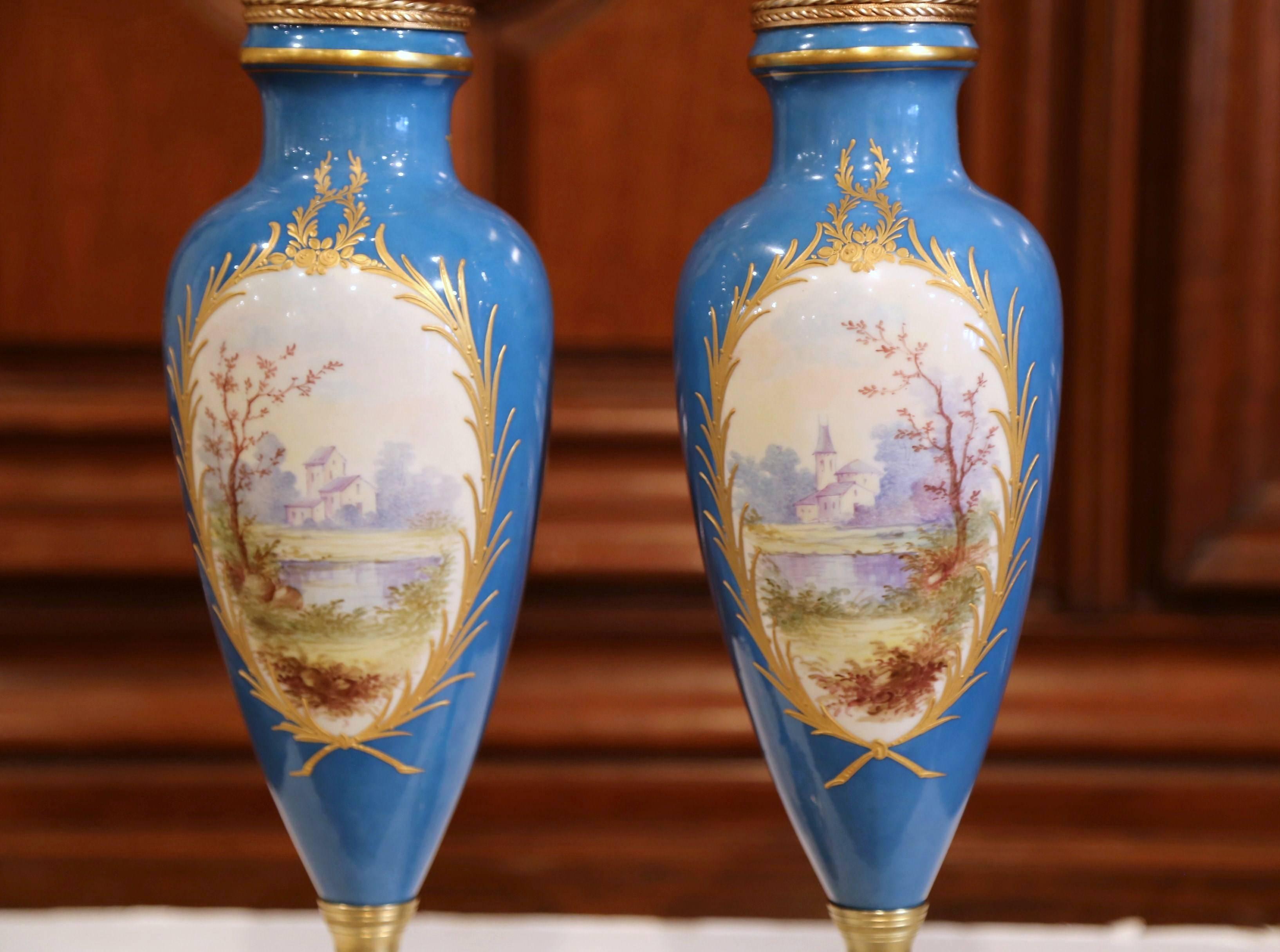 Pair of 19th Century French Hand Painted Porcelain and Bronze Blue Sevres Urns 1