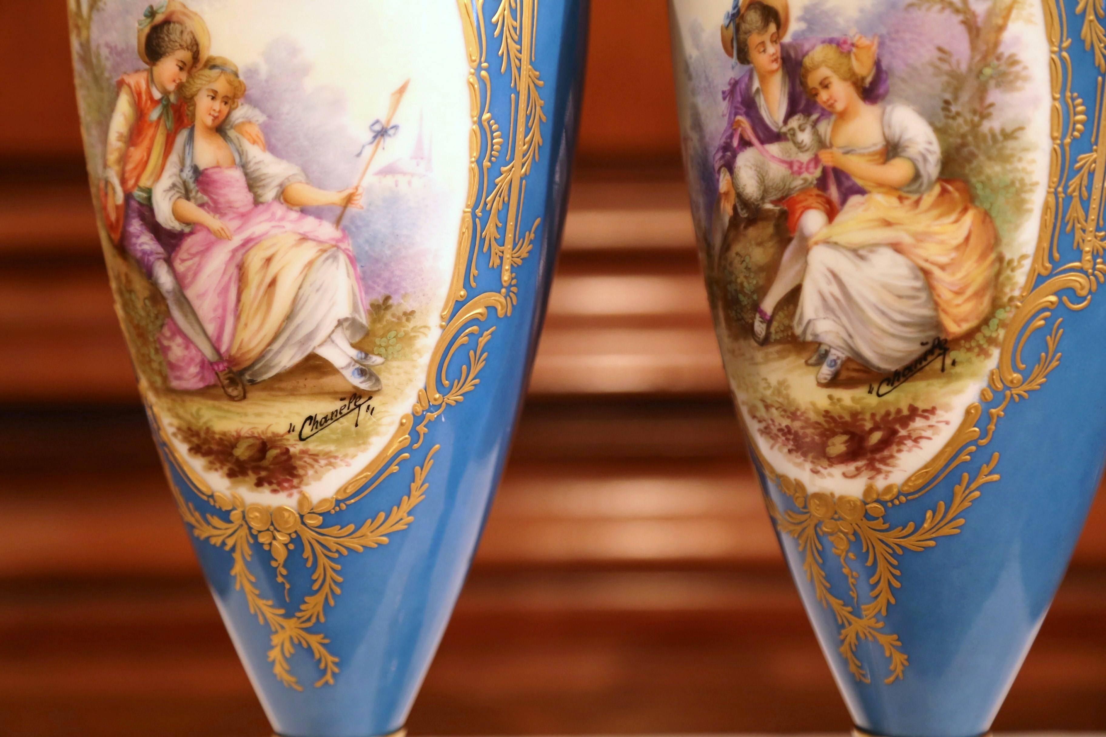 Pair of 19th Century French Hand Painted Porcelain and Bronze Blue Sevres Urns 2