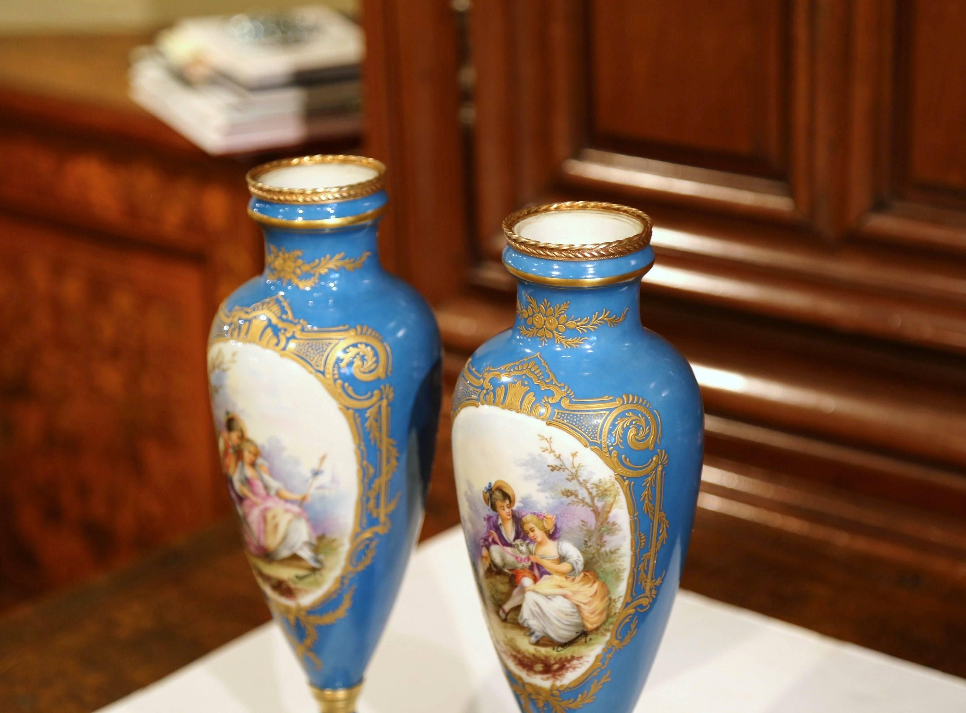 Pair of 19th Century French Hand Painted Porcelain and Bronze Blue Sevres Urns 3