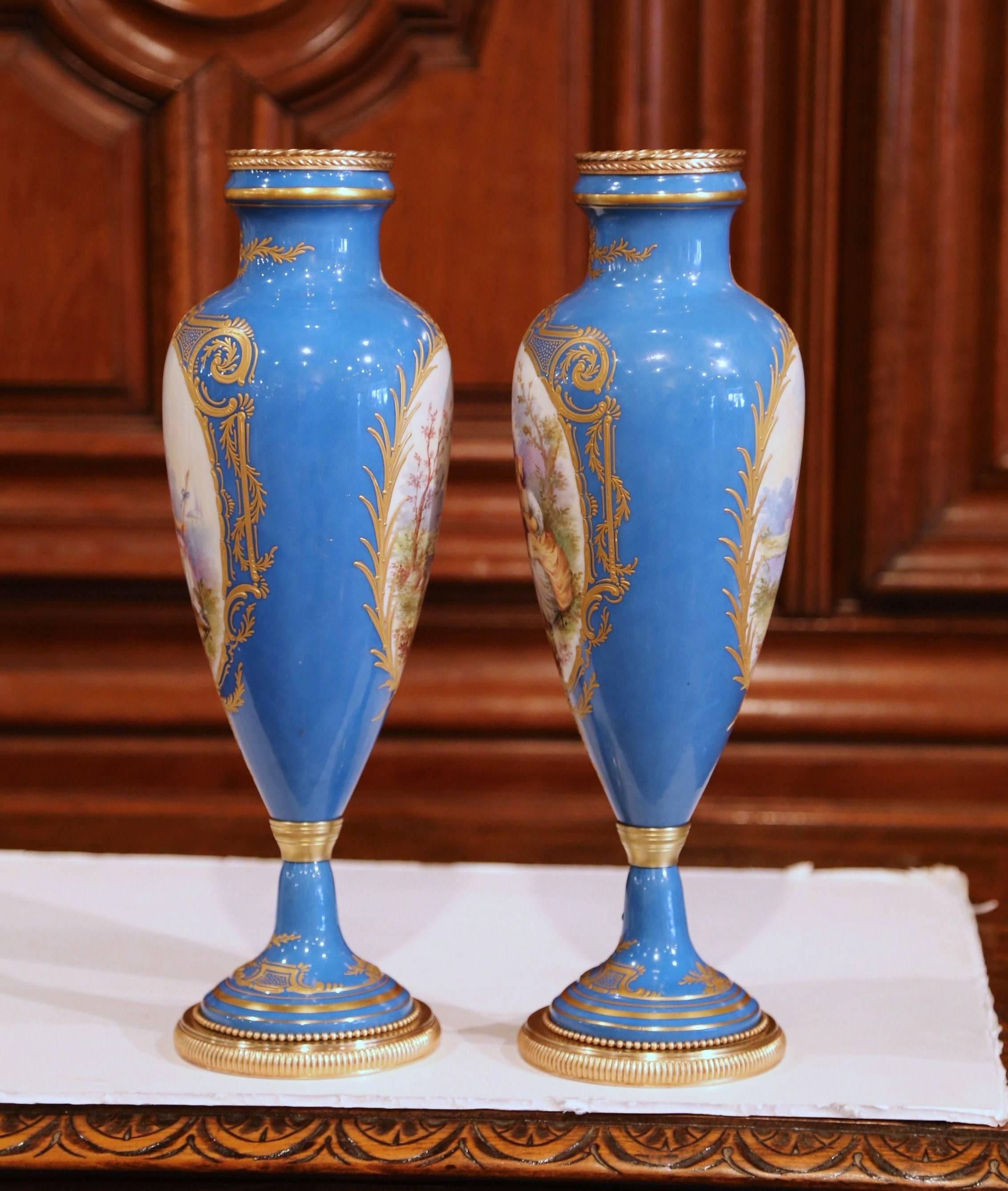 Pair of 19th Century French Hand Painted Porcelain and Bronze Blue Sevres Urns 4