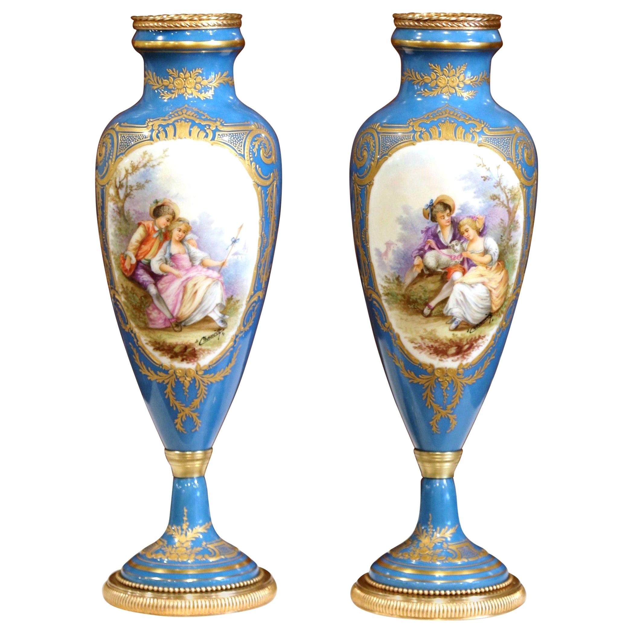 Pair of 19th Century French Hand Painted Porcelain and Bronze Blue Sevres Urns