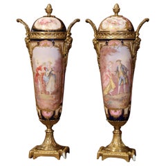 Pair of 19th Century French Hand Painted Porcelain and Bronze Sevres Urns