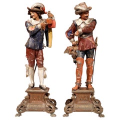 Antique Pair of 19th Century French Hand Painted Spelter Musketeer Figures on Stand