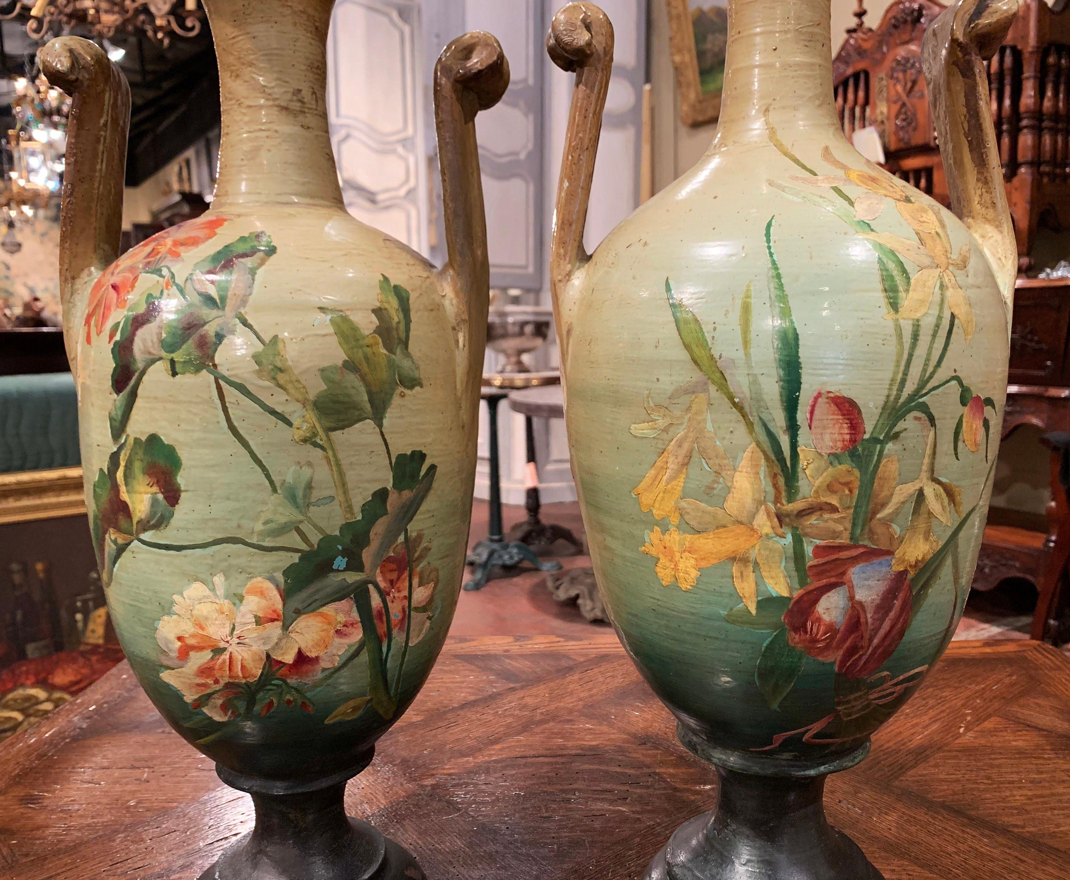Hand-Crafted Pair of 19th Century French Hand Painted Terracotta Vases from Provence