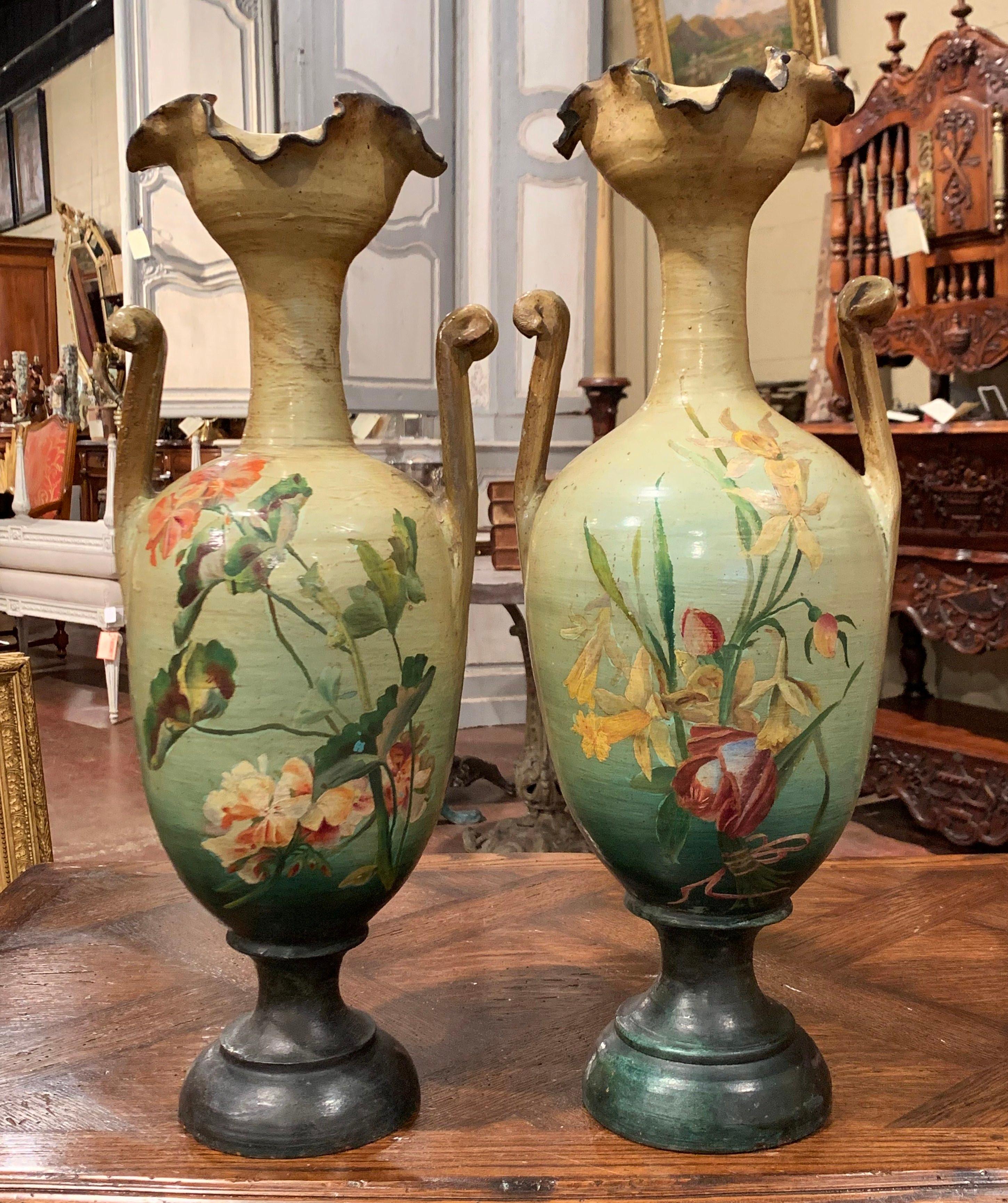 Pair of 19th Century French Hand Painted Terracotta Vases from Provence In Good Condition In Dallas, TX