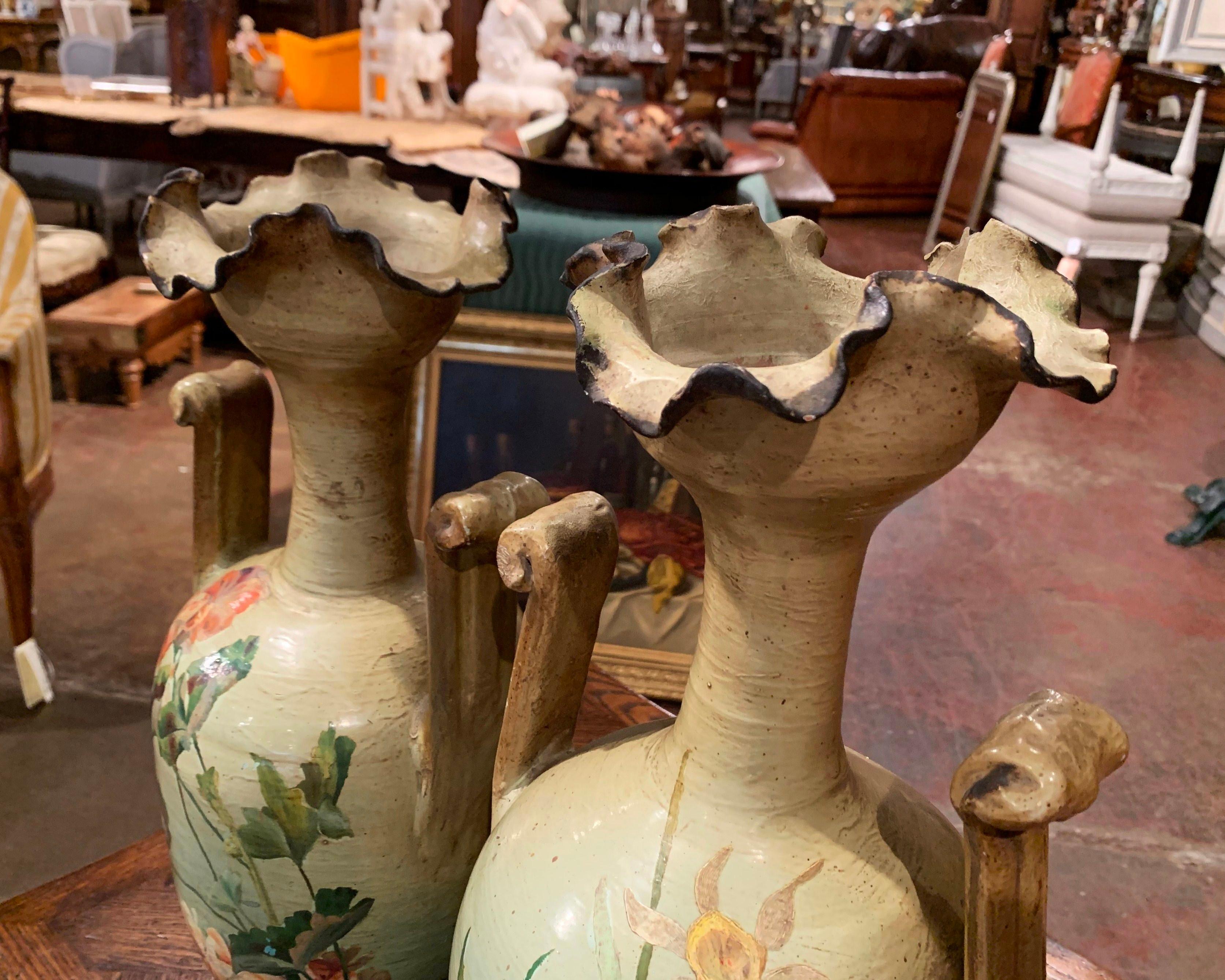 Pair of 19th Century French Hand Painted Terracotta Vases from Provence 1