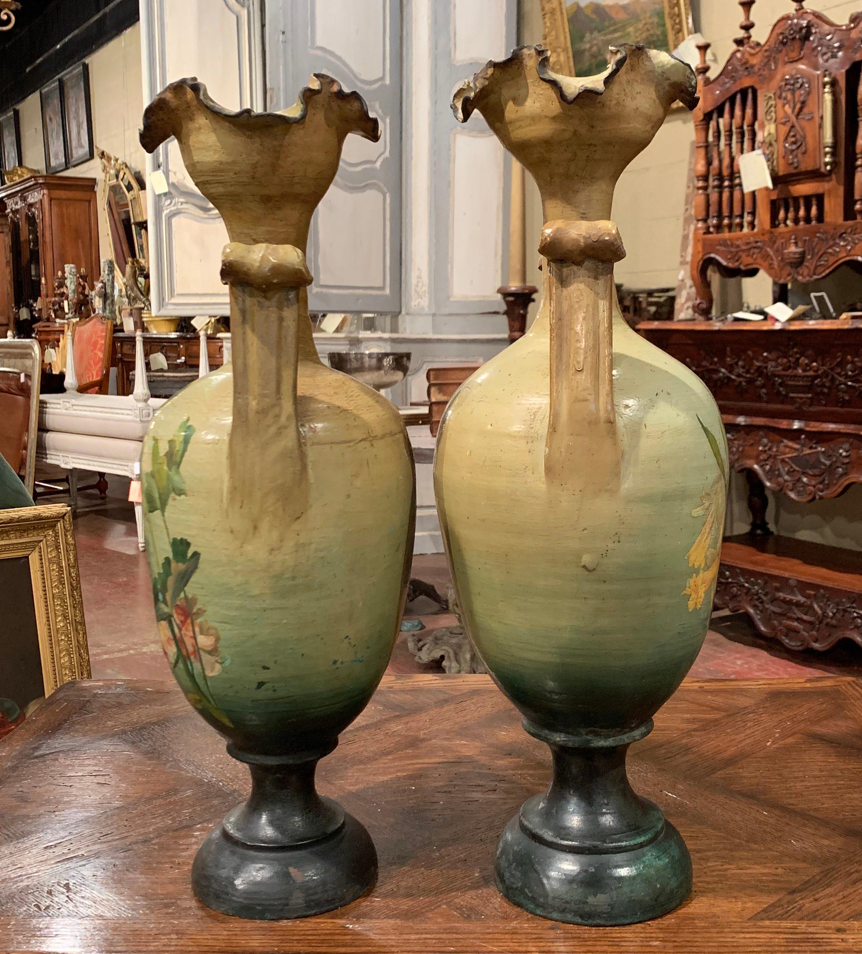 Pair of 19th Century French Hand Painted Terracotta Vases from Provence 3