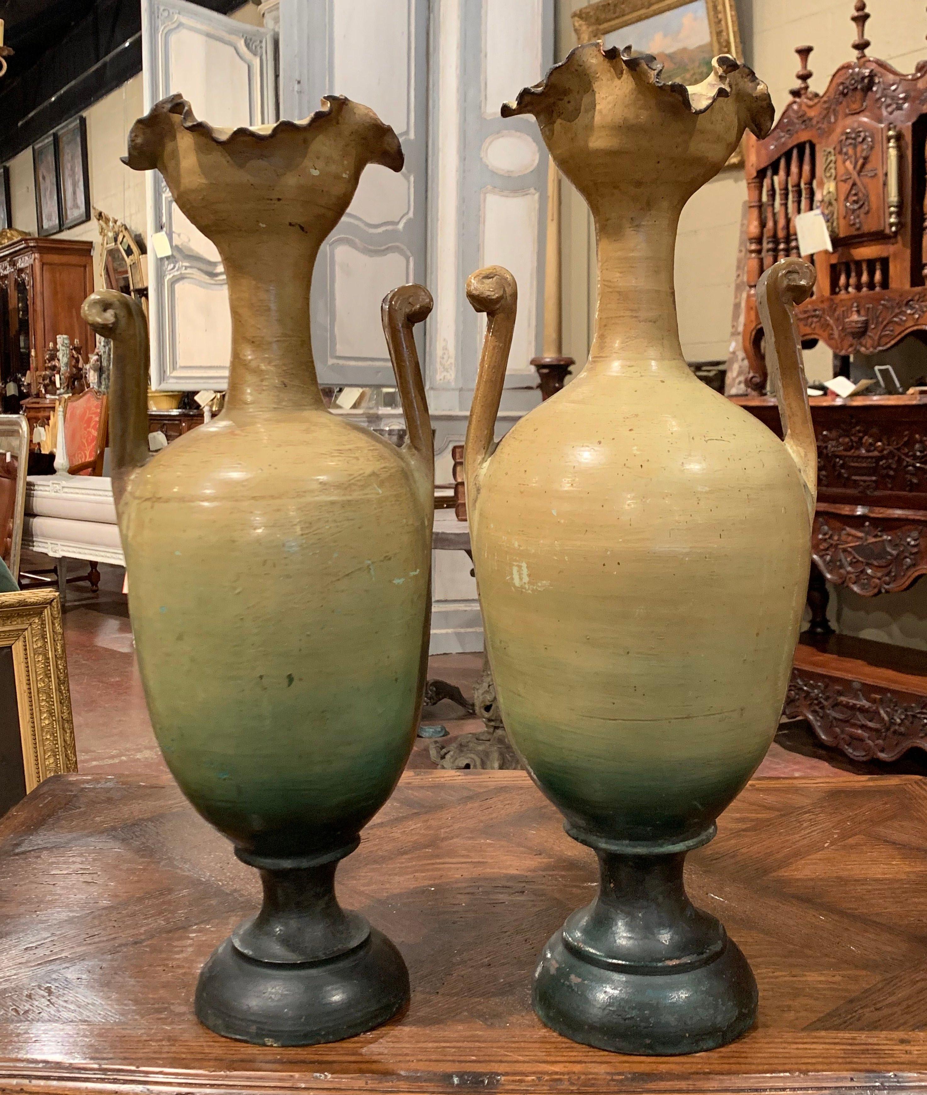 Pair of 19th Century French Hand Painted Terracotta Vases from Provence 4